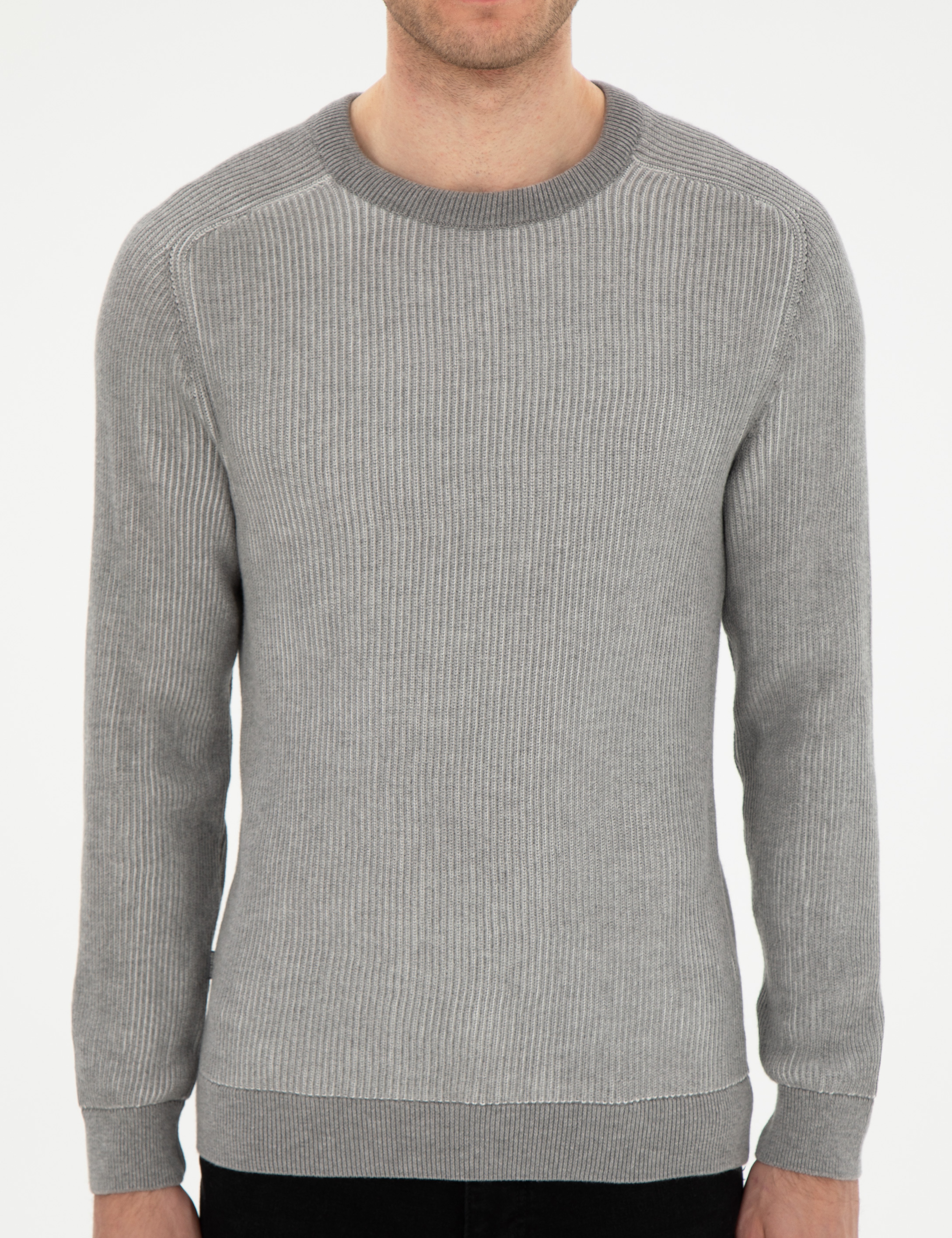 Açık Gri Melanj Slim Fit Bisiklet Yaka Triko Kazak