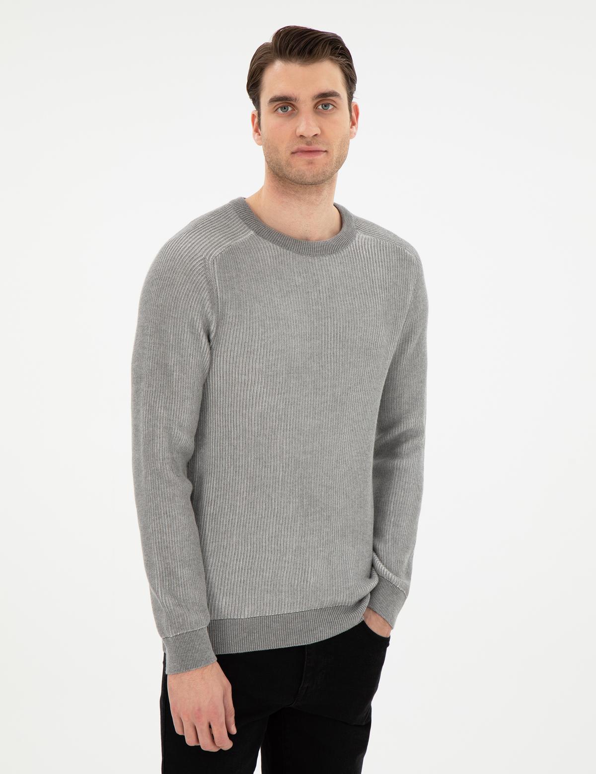 Açık Gri Melanj Slim Fit Bisiklet Yaka Triko Kazak - 50297117021