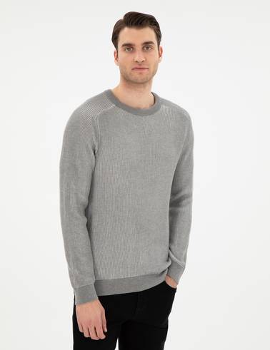 Açık Gri Melanj Slim Fit Bisiklet Yaka Triko Kazak