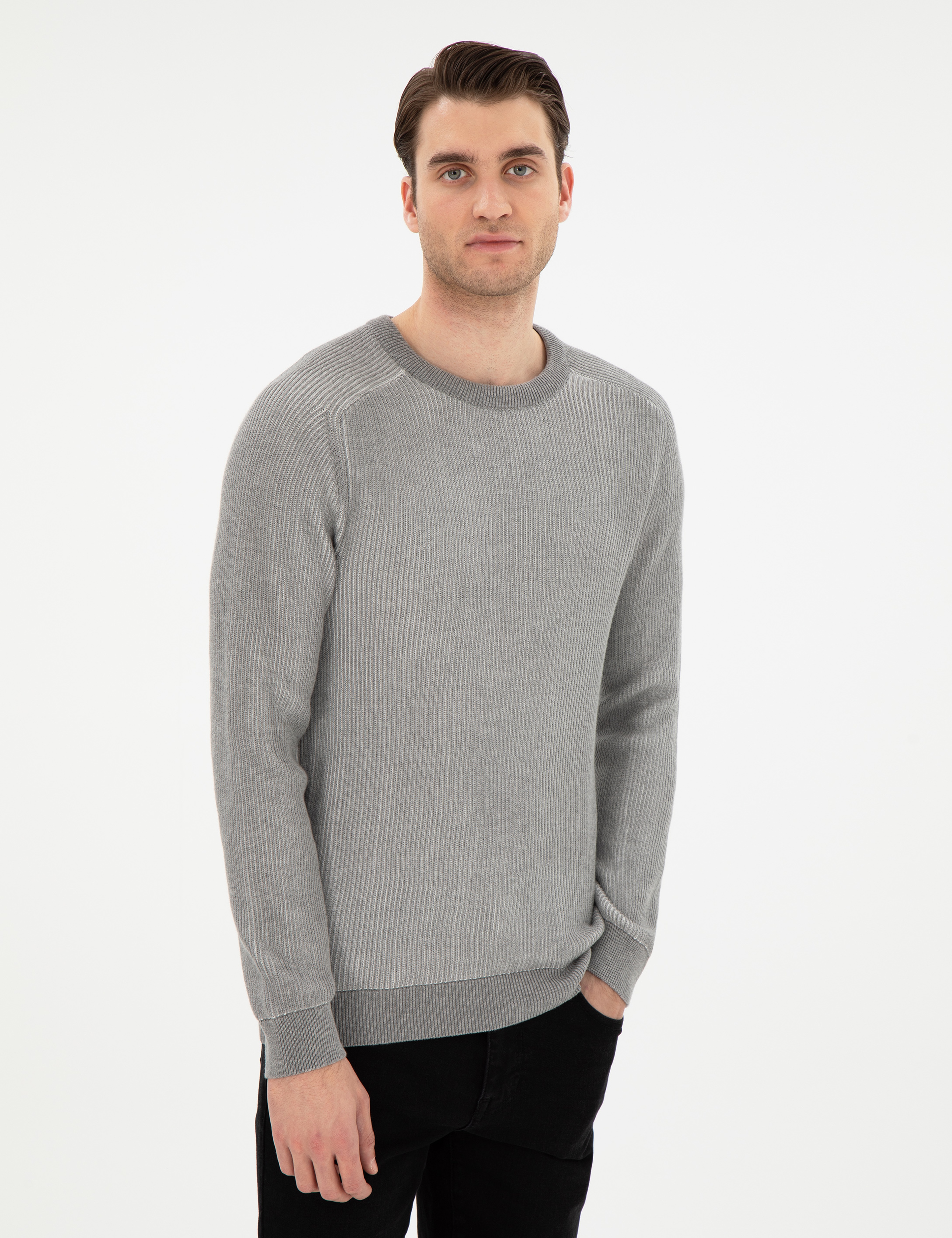 Açık Gri Melanj Slim Fit Bisiklet Yaka Triko Kazak - Image 3