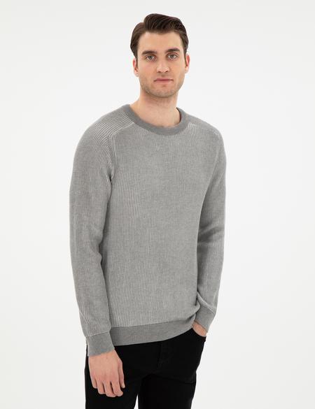 Açık Gri Melanj Slim Fit Bisiklet Yaka Triko Kazak - 50297117021