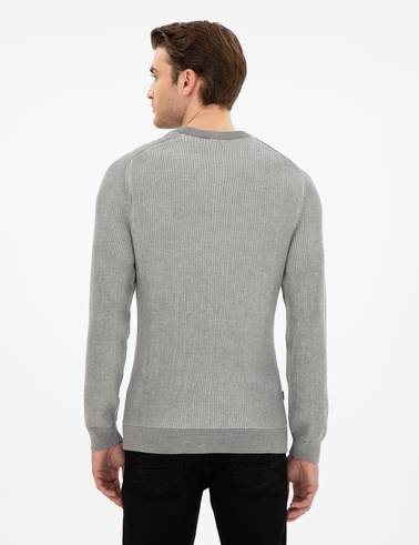 Açık Gri Melanj Slim Fit Bisiklet Yaka Triko Kazak