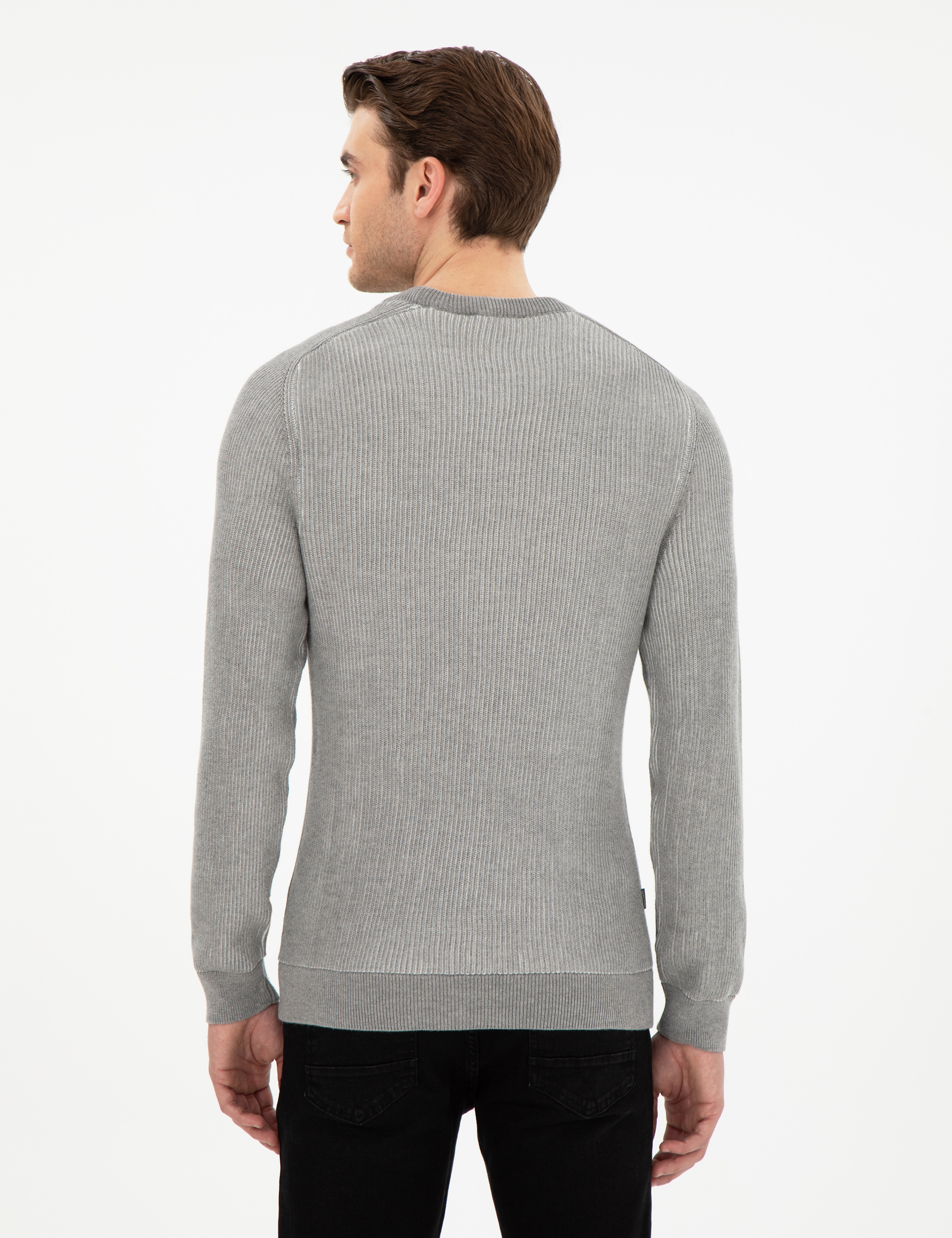 Açık Gri Melanj Slim Fit Bisiklet Yaka Triko Kazak