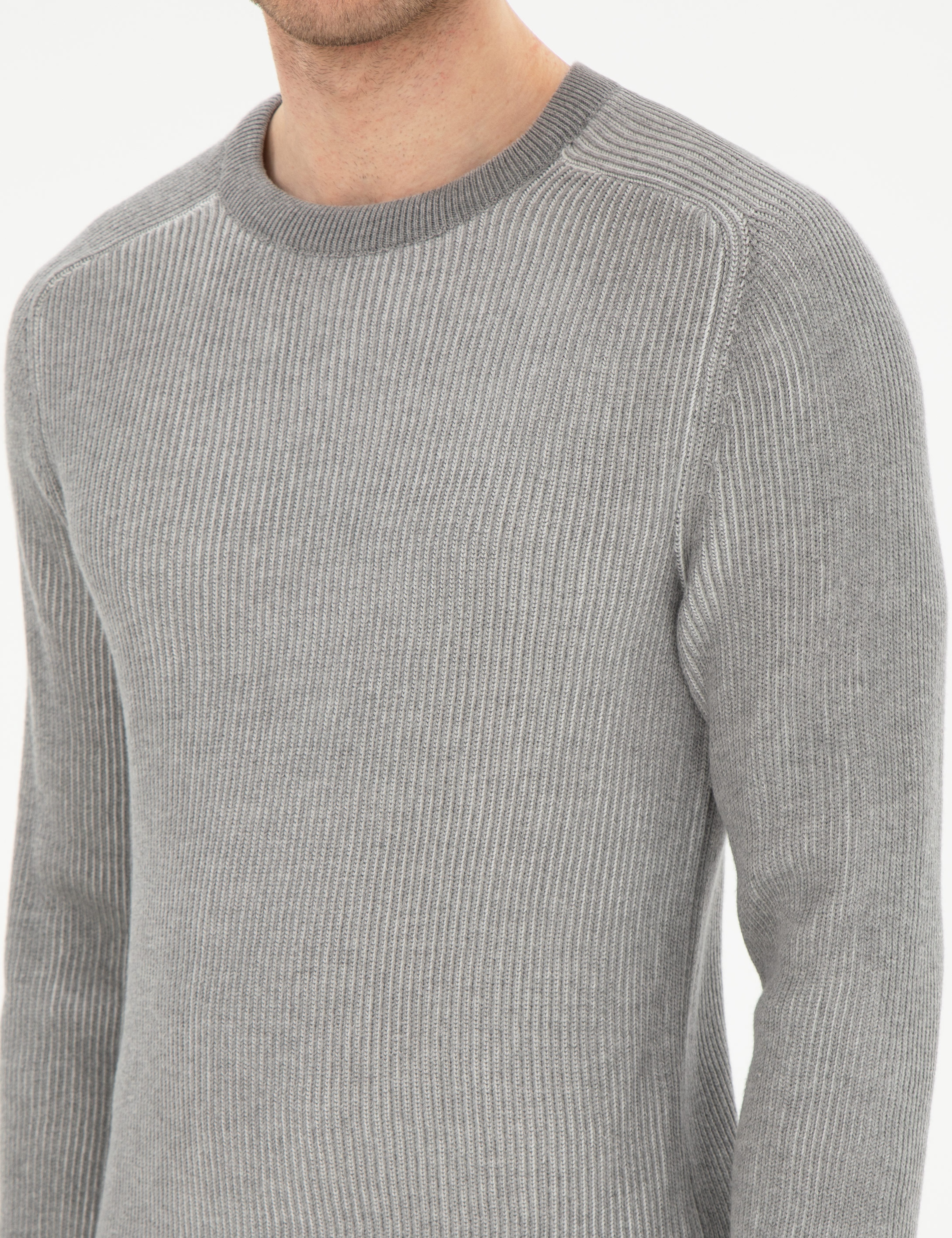 Açık Gri Melanj Slim Fit Bisiklet Yaka Triko Kazak - Image 7