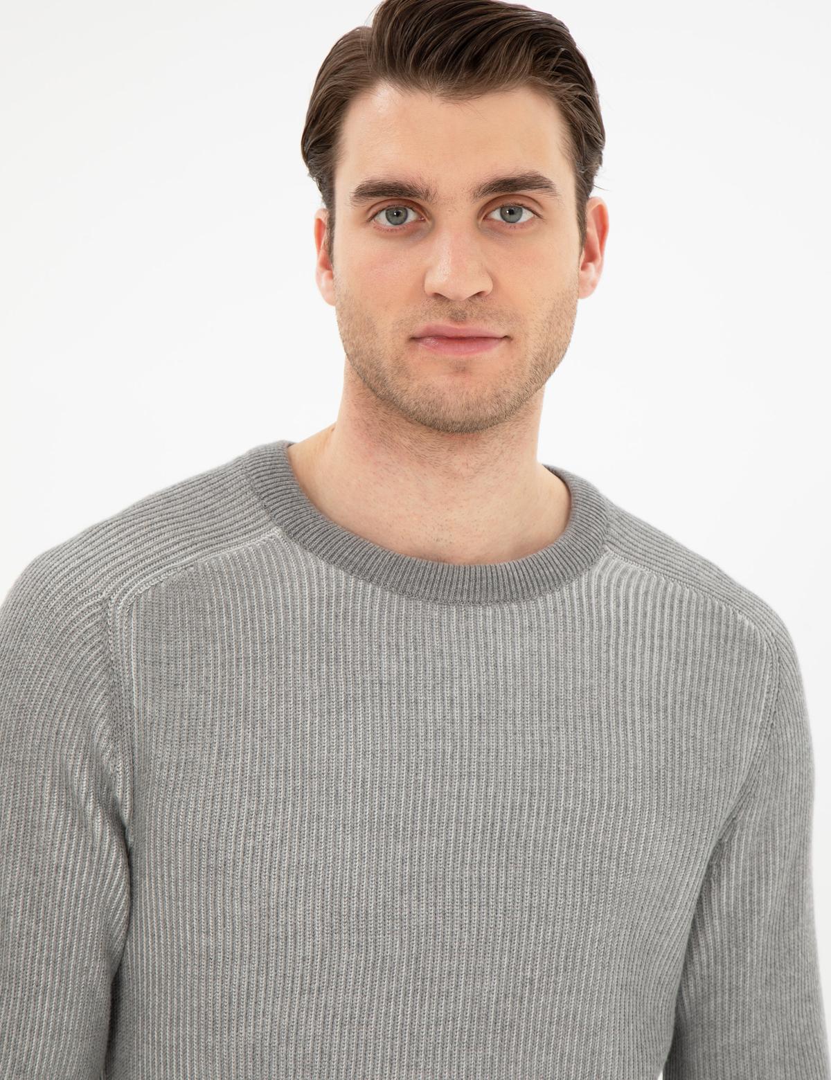 Açık Gri Melanj Slim Fit Bisiklet Yaka Triko Kazak - 50297117021