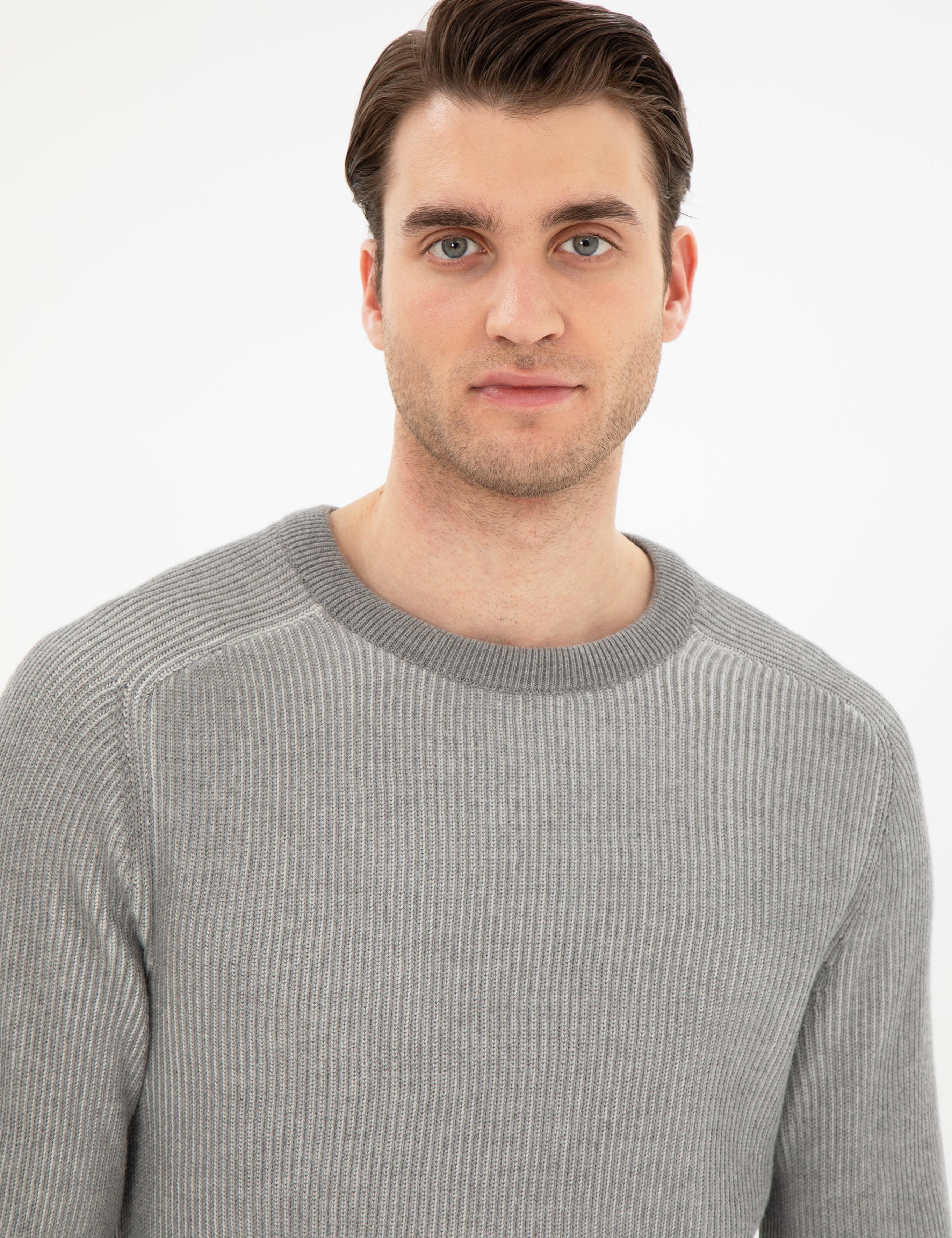 Açık Gri Melanj Slim Fit Bisiklet Yaka Triko Kazak