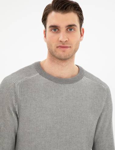 Açık Gri Melanj Slim Fit Bisiklet Yaka Triko Kazak