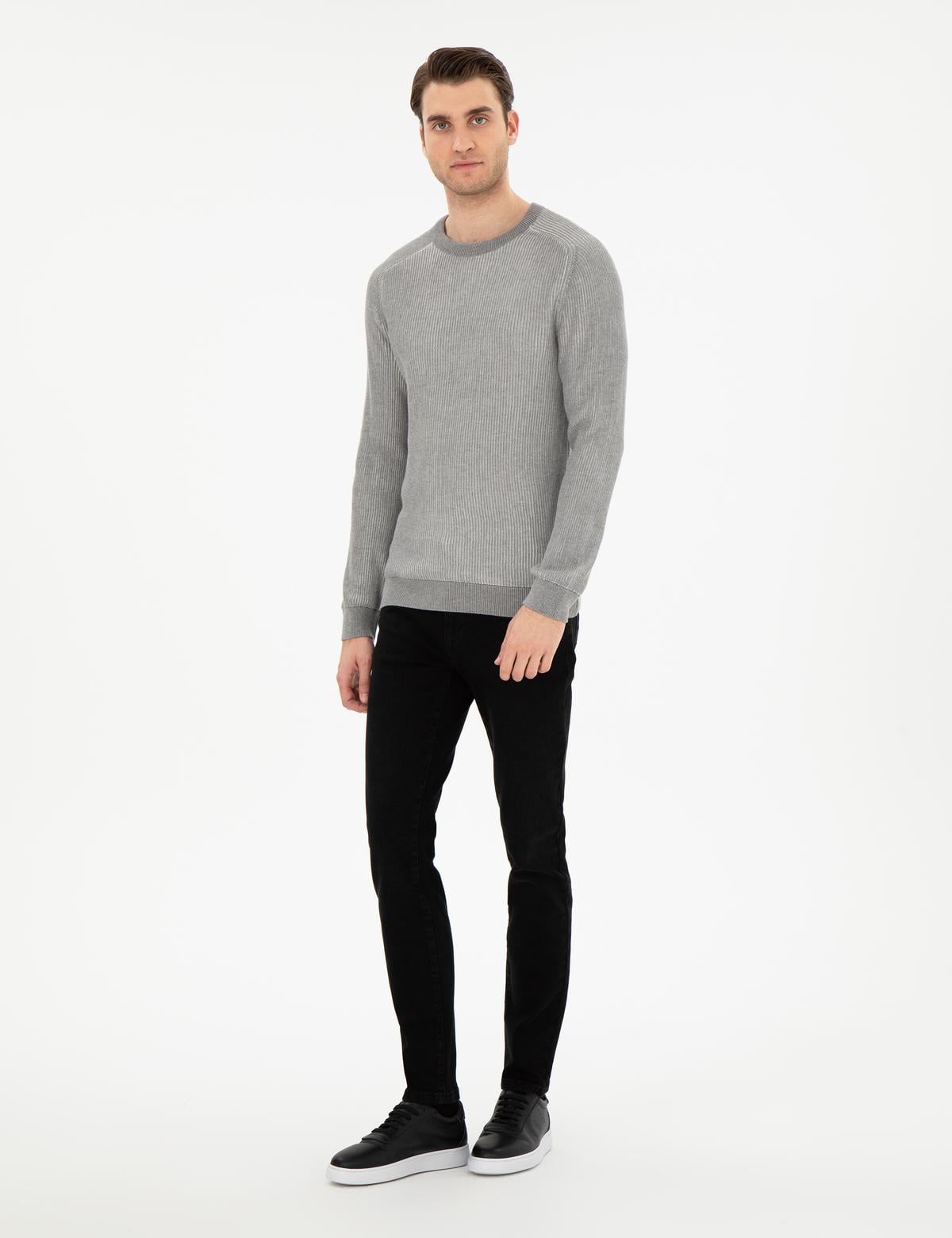 Açık Gri Melanj Slim Fit Bisiklet Yaka Triko Kazak - 50297117021