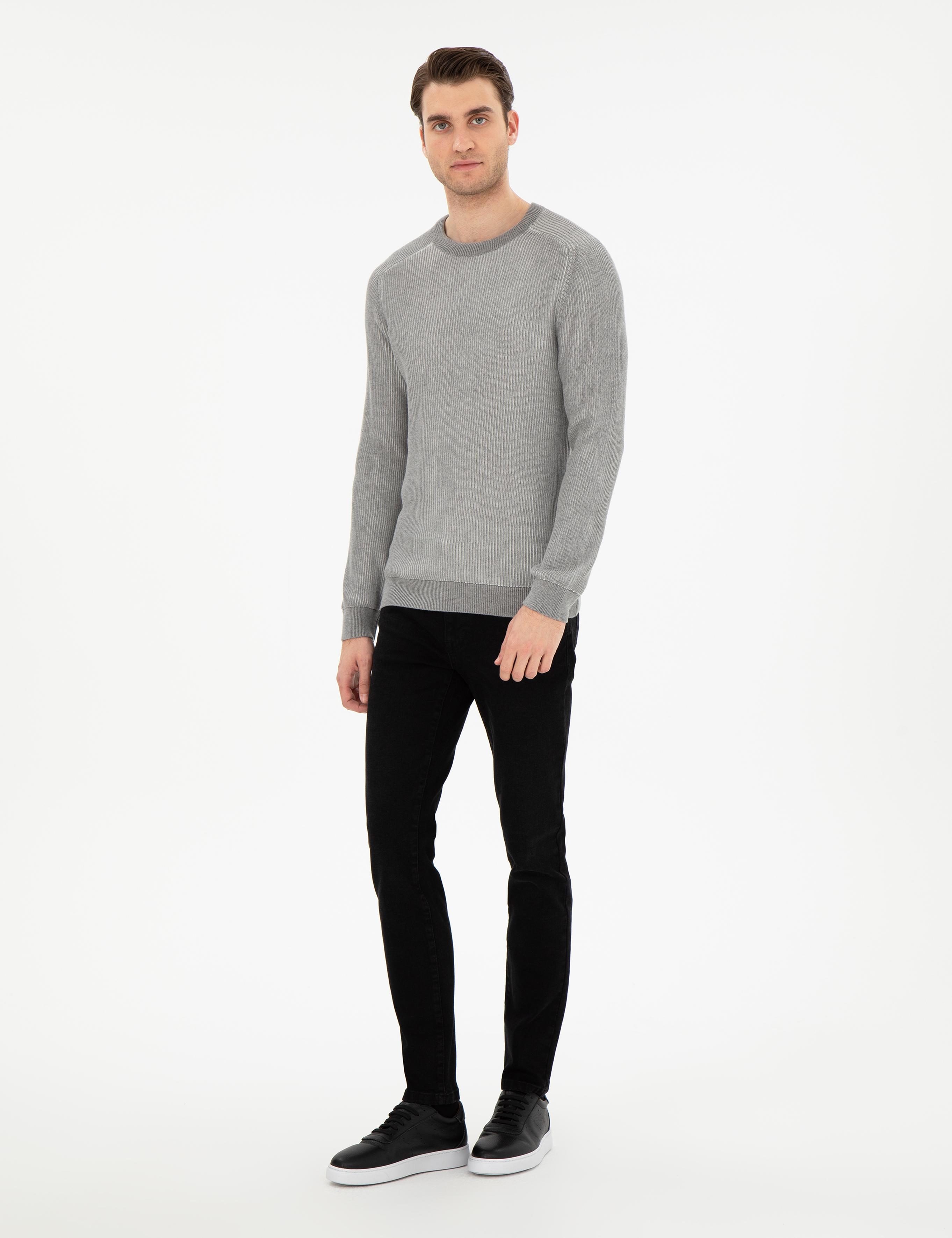 Açık Gri Melanj Slim Fit Bisiklet Yaka Triko Kazak