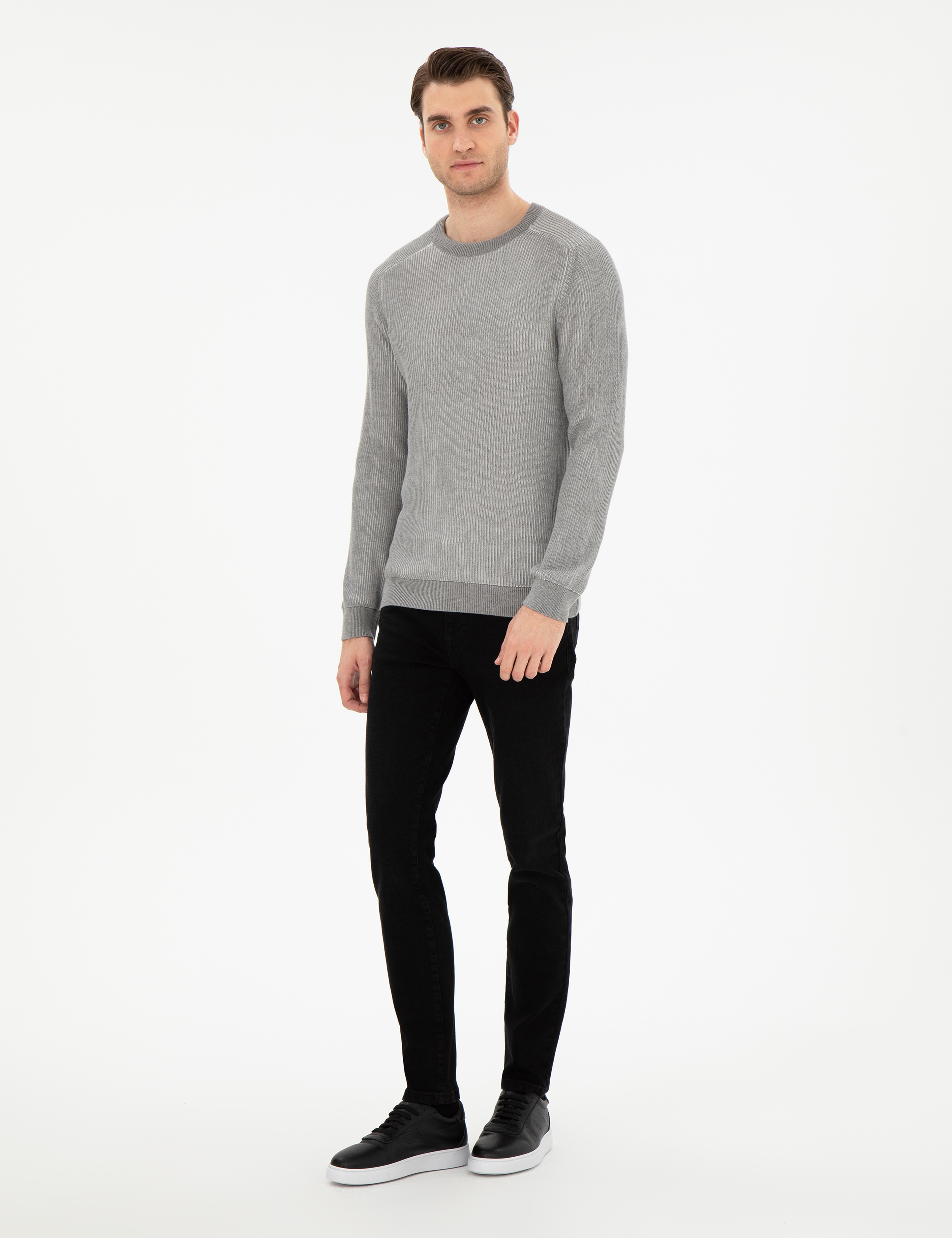 Açık Gri Melanj Slim Fit Bisiklet Yaka Triko Kazak