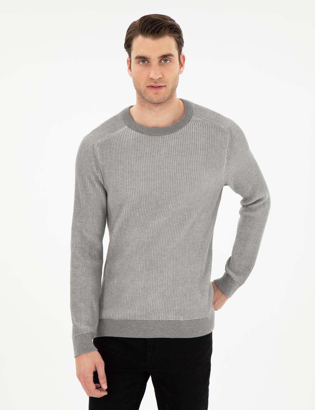 Açık Gri Melanj Slim Fit Bisiklet Yaka Triko Kazak