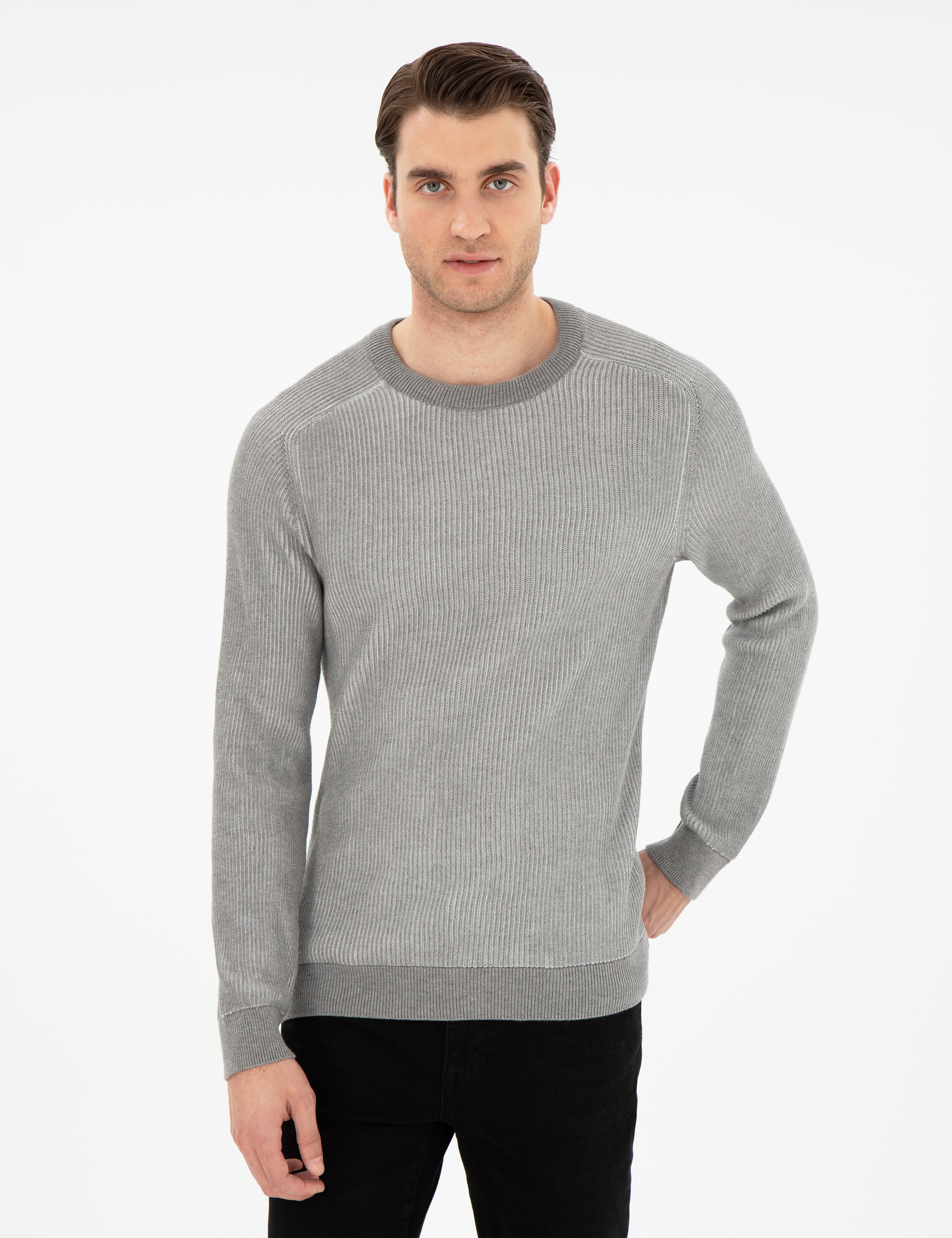 Açık Gri Melanj Slim Fit Bisiklet Yaka Triko Kazak - Image 1
