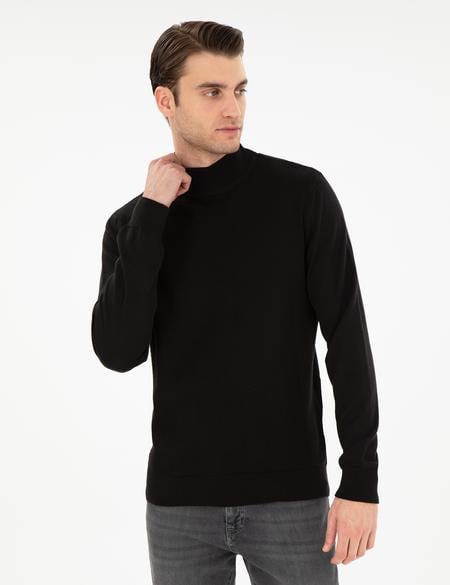 Siyah Slim Fit Yarım Balıkçı Triko Kazak - 50300498023