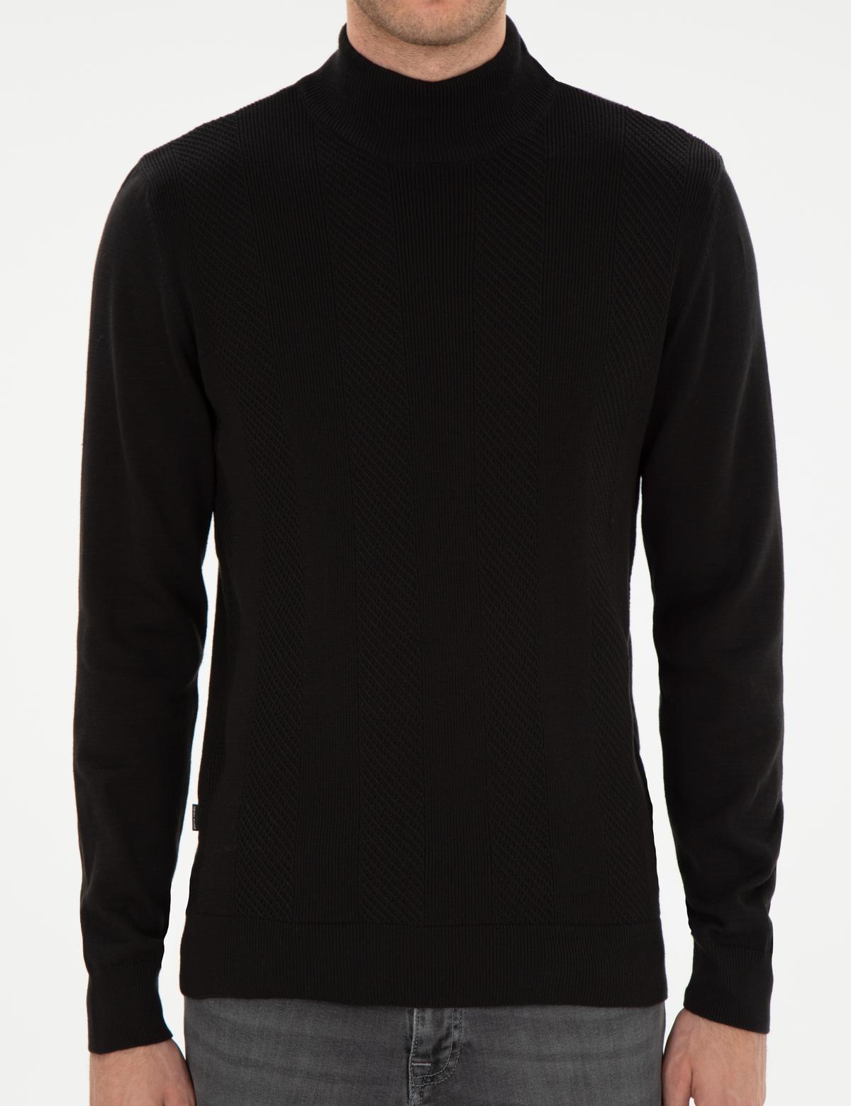 Siyah Slim Fit Yarım Balıkçı Triko Kazak - 50300498023