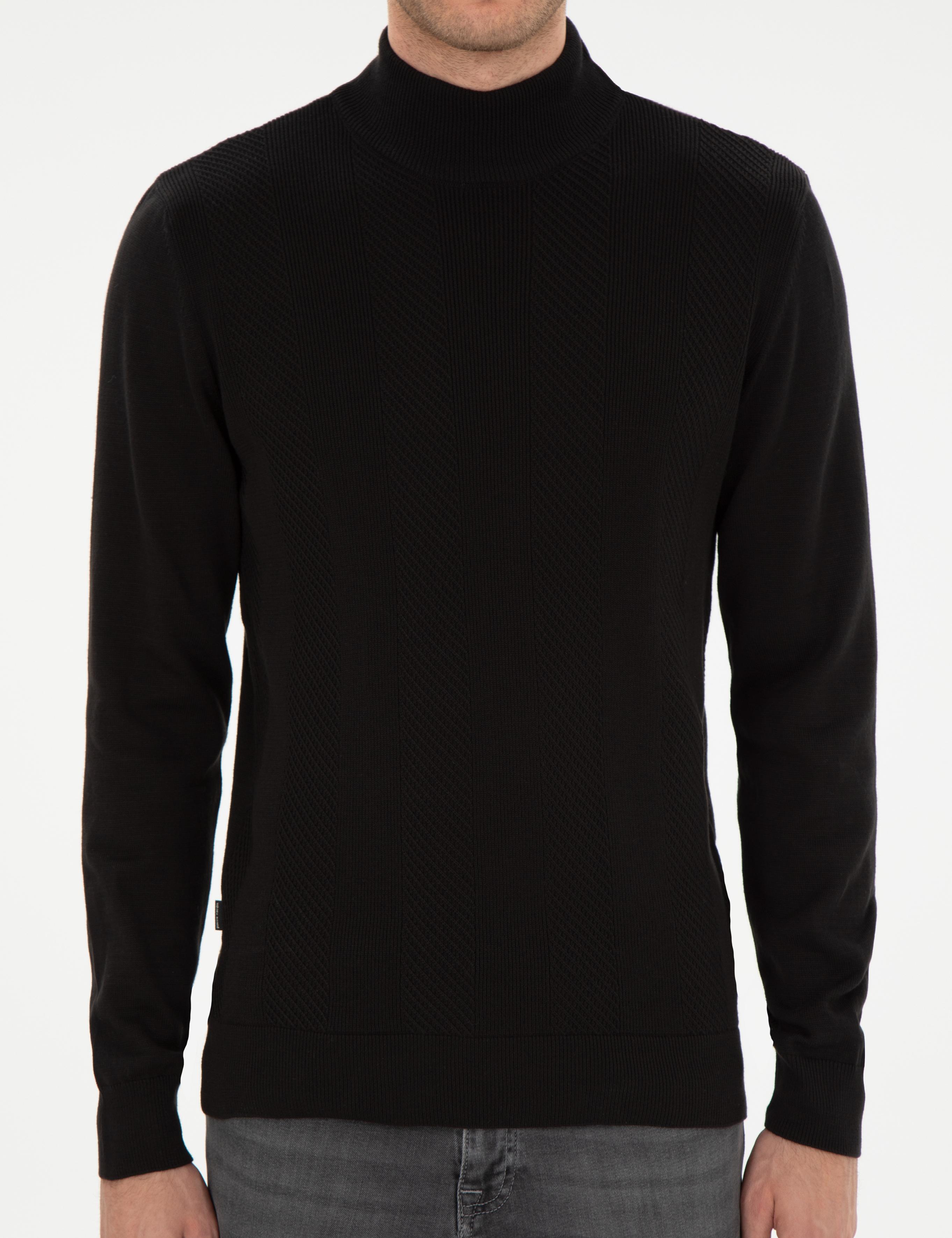 Siyah Slim Fit Yarım Balıkçı Triko Kazak