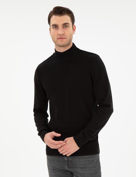 Siyah Slim Fit Yarım Balıkçı Triko Kazak - 50300498023