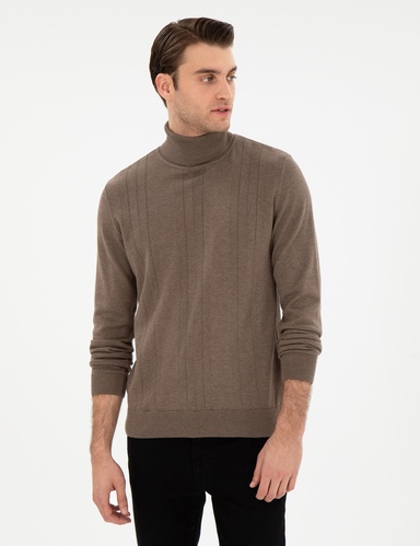 Vizon Melanj Slim Fit Balıkçı Yaka Yün Karışımlı Triko Kazak