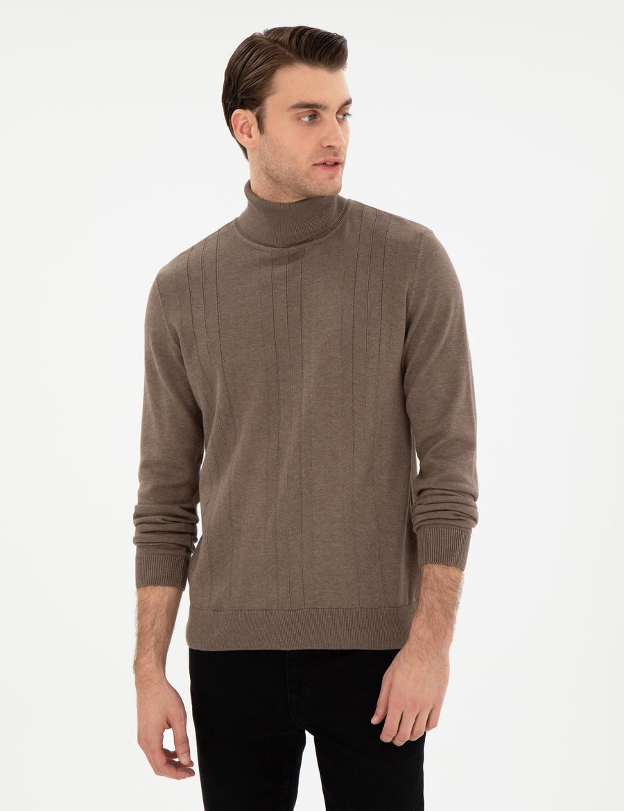 Vizon Melanj Slim Fit Balıkçı Yaka Yün Karışımlı Triko Kazak