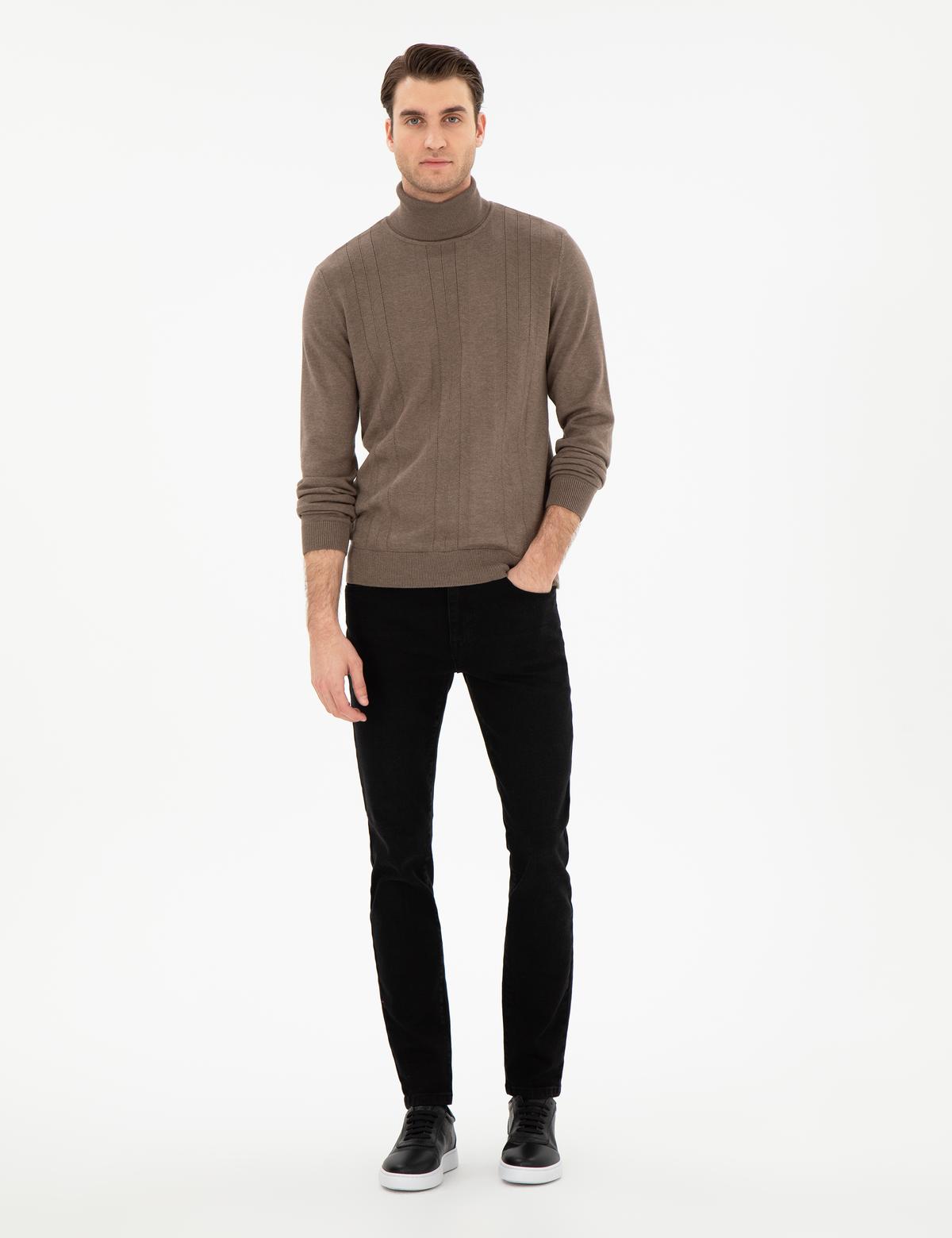 Vizon Melanj Slim Fit Balıkçı Yaka Yün Karışımlı Triko Kazak - 50296445021