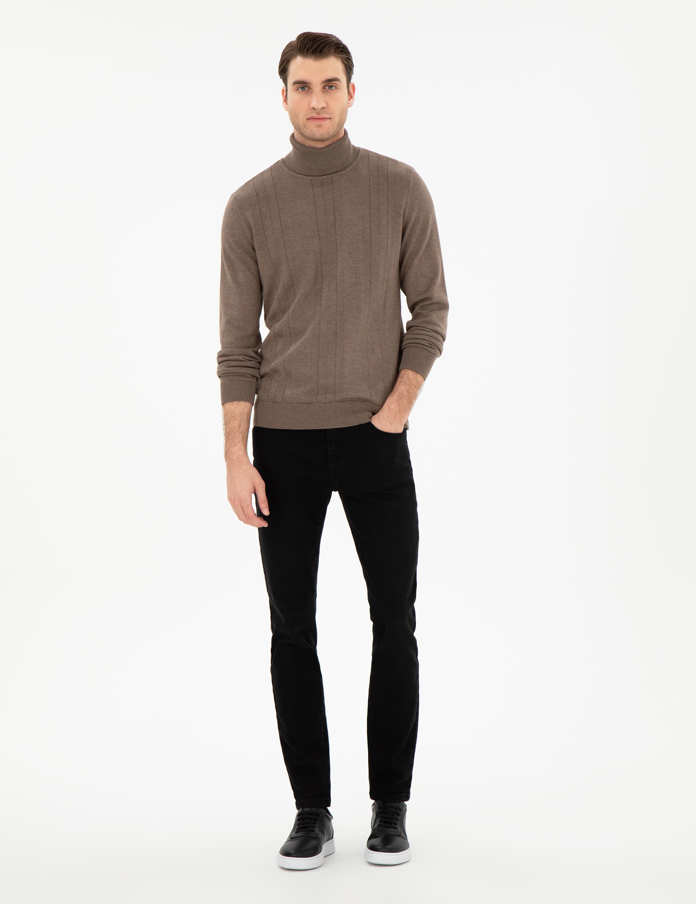 Vizon Melanj Slim Fit Balıkçı Yaka Yün Karışımlı Triko Kazak