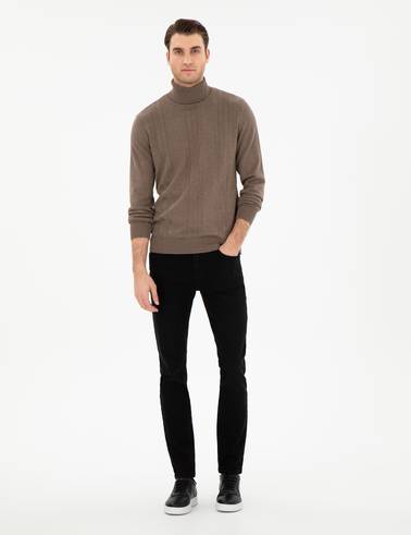 Vizon Melanj Slim Fit Balıkçı Yaka Yün Karışımlı Triko Kazak