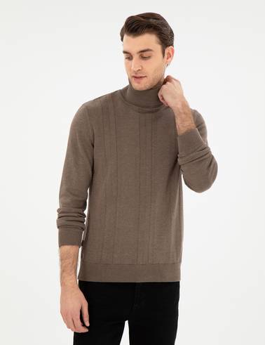 Vizon Melanj Slim Fit Balıkçı Yaka Yün Karışımlı Triko Kazak