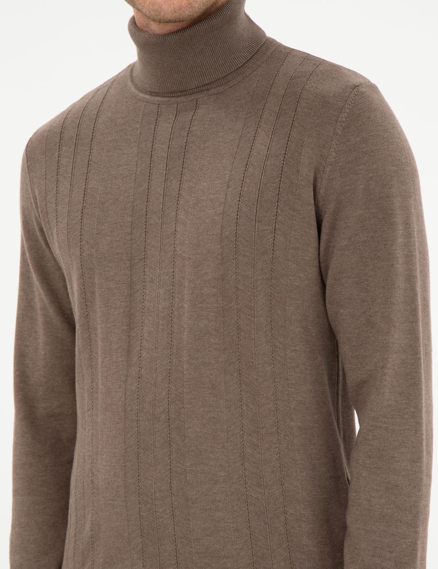 Vizon Melanj Slim Fit Balıkçı Yaka Yün Karışımlı Triko Kazak