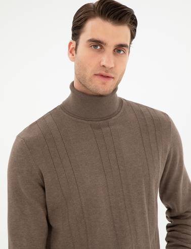 Vizon Melanj Slim Fit Balıkçı Yaka Yün Karışımlı Triko Kazak