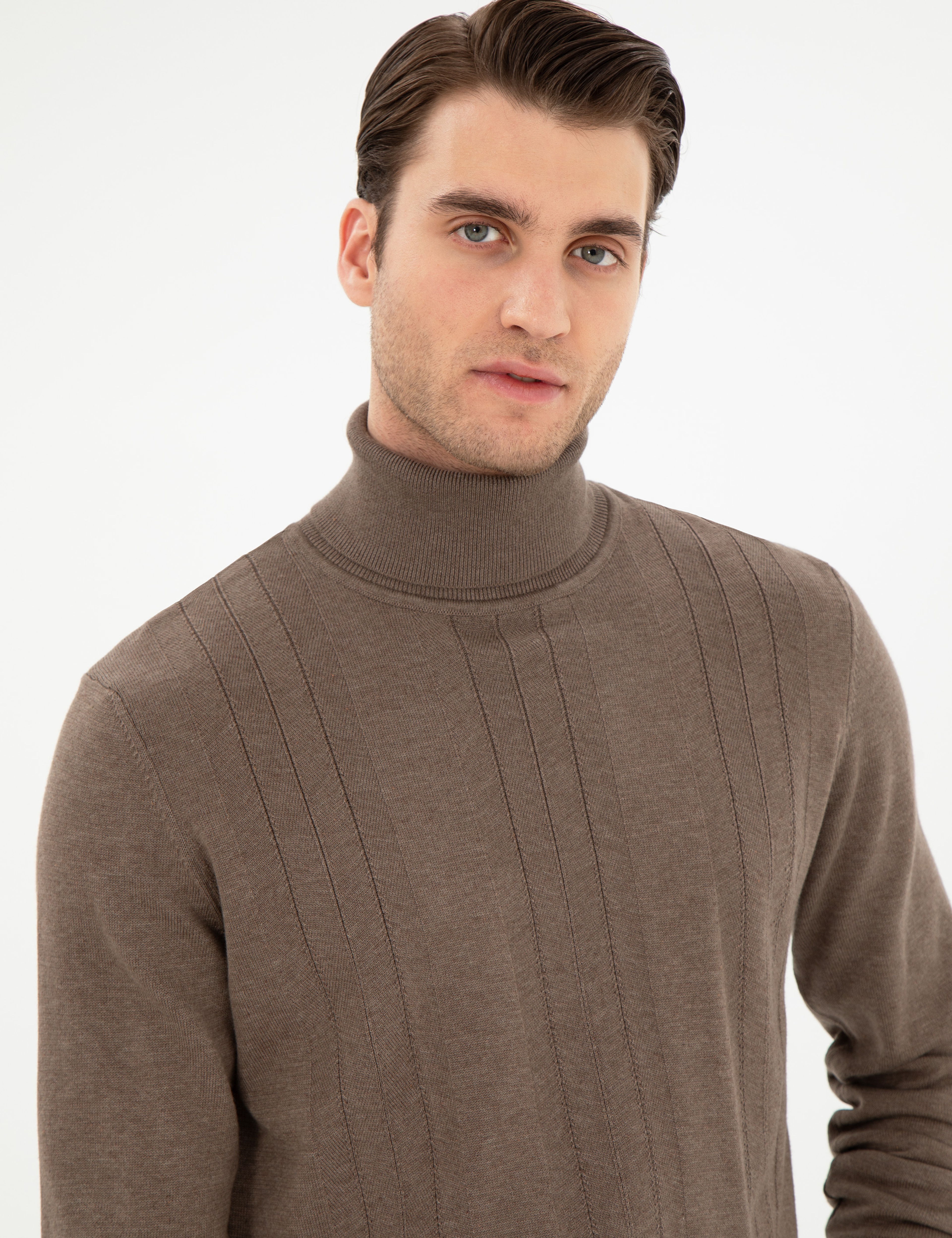 Vizon Melanj Slim Fit Balıkçı Yaka Yün Karışımlı Triko Kazak
