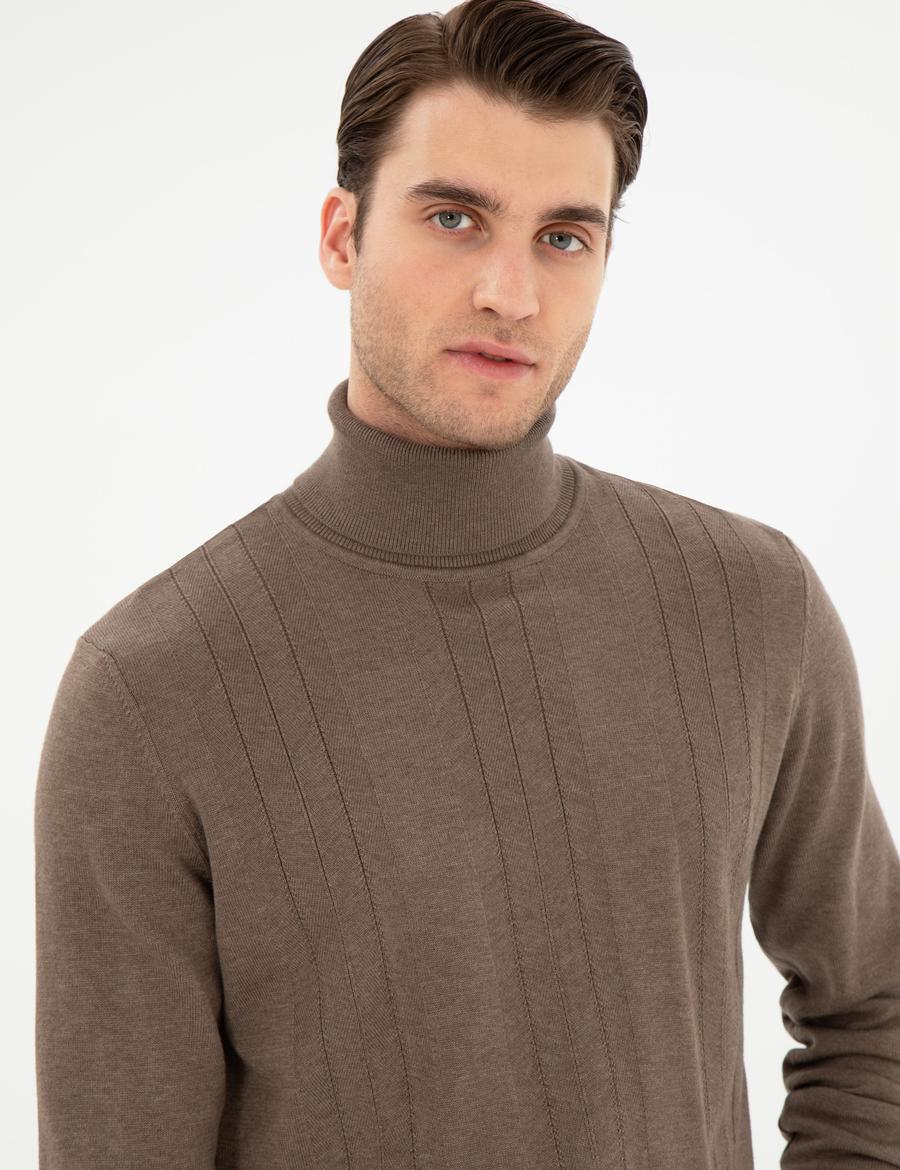 Vizon Melanj Slim Fit Balıkçı Yaka Yün Karışımlı Triko Kazak