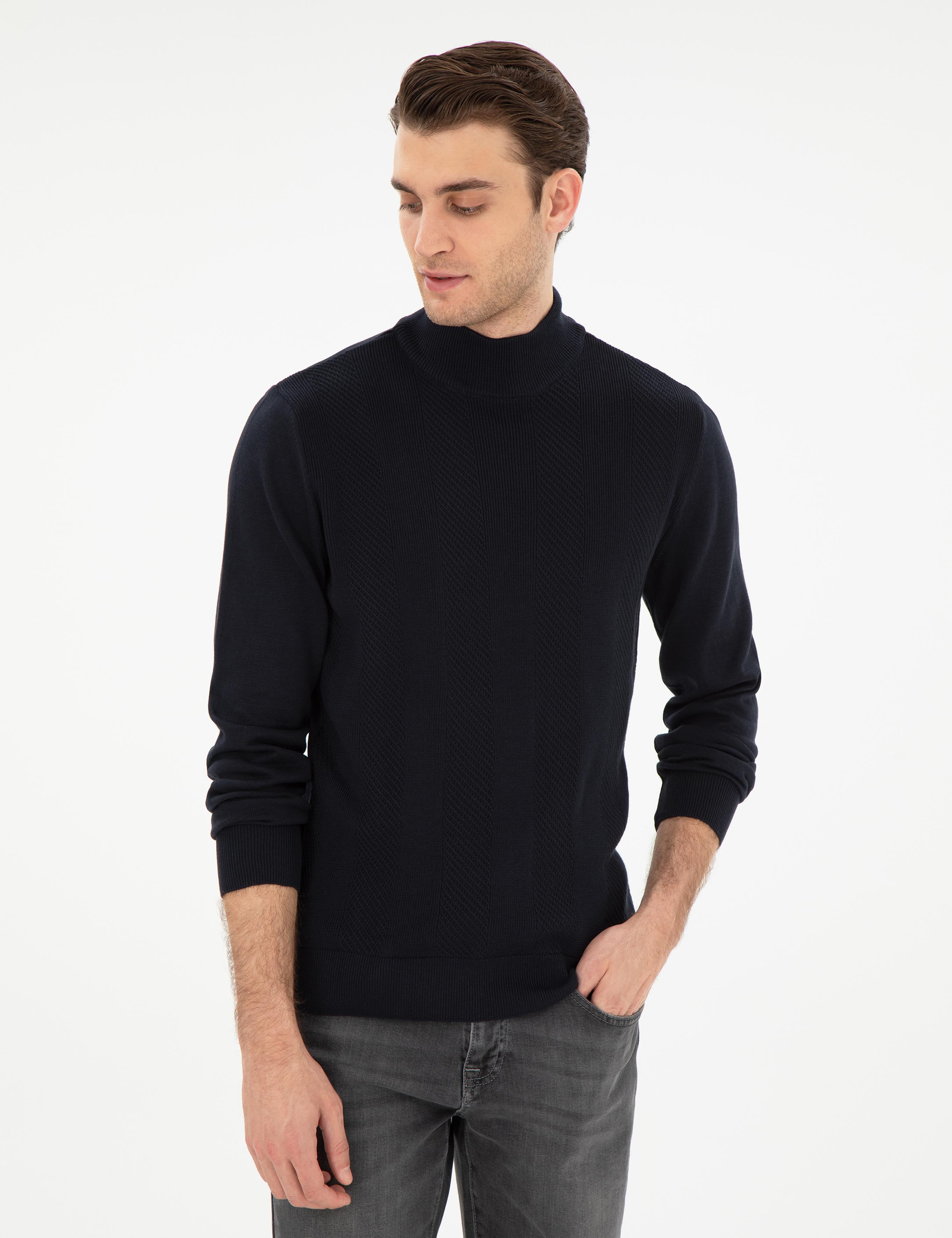 Lacivert Slim Fit Yarım Balıkçı Triko Kazak