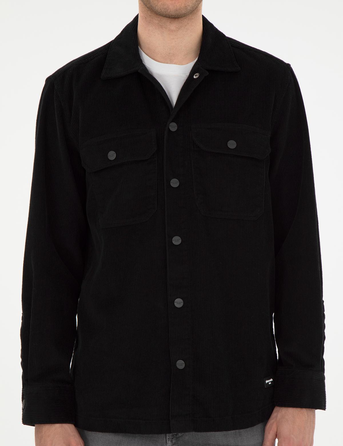 Siyah Klasik Yaka Çift Cepli Oversize Gömlek Ceket - 50293183005