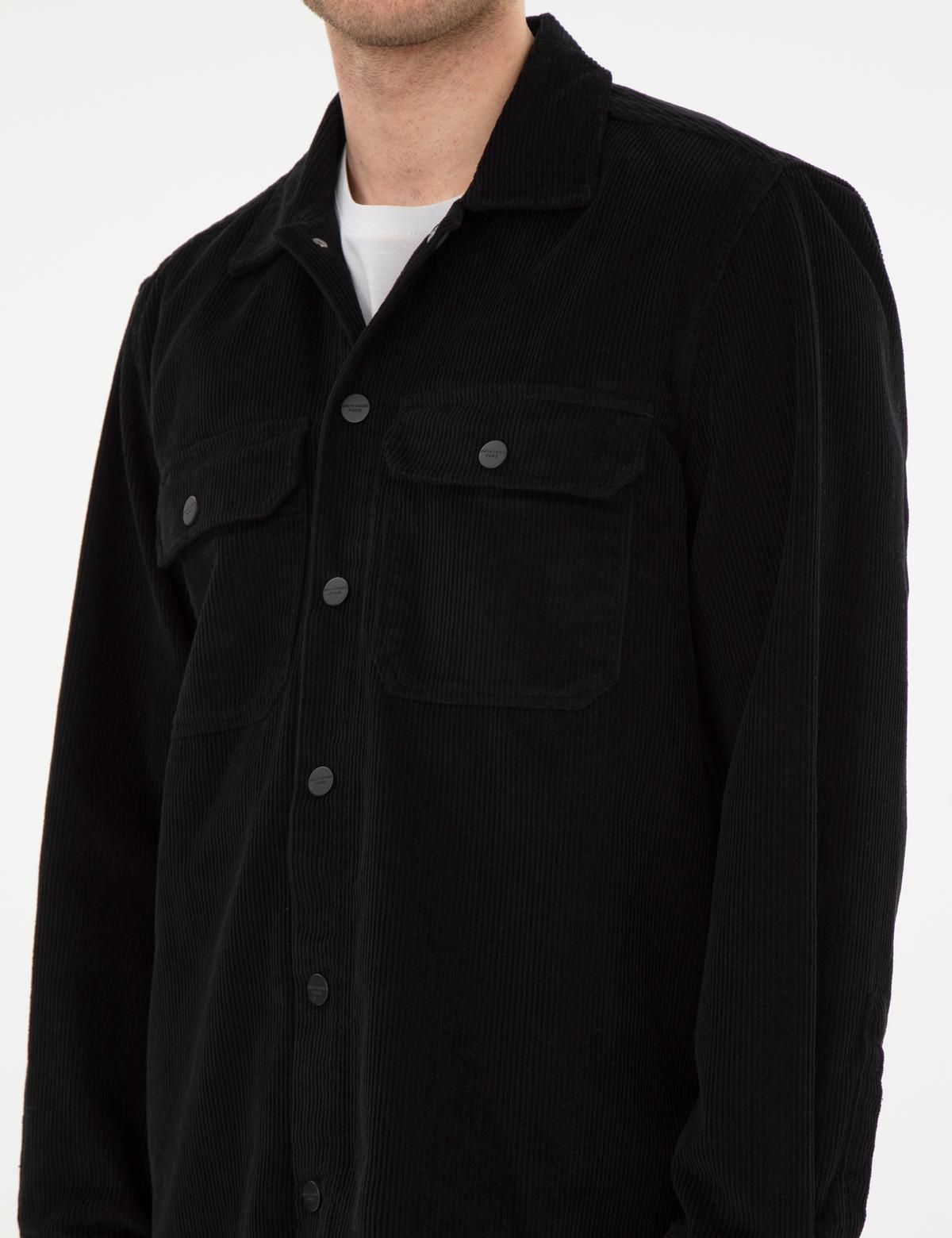 Siyah Klasik Yaka Çift Cepli Oversize Gömlek Ceket - 50293183005