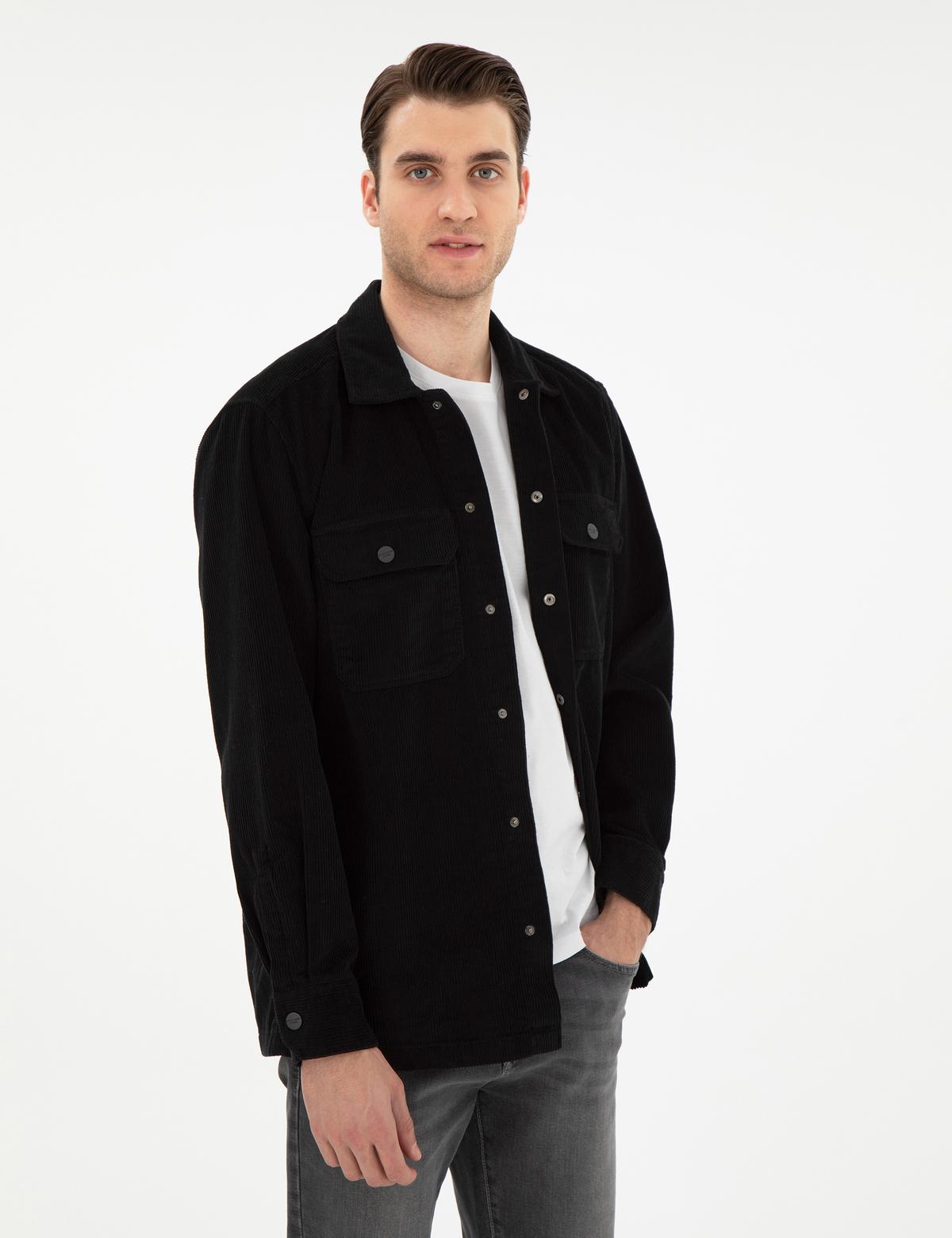 Siyah Klasik Yaka Çift Cepli Oversize Gömlek Ceket - 50293183005