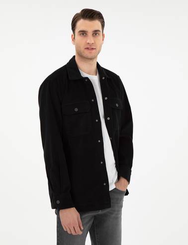Siyah Klasik Yaka Çift Cepli Oversize Gömlek Ceket