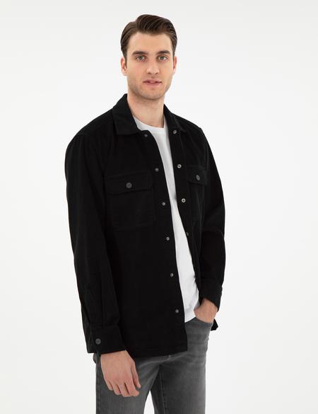 Siyah Klasik Yaka Çift Cepli Oversize Gömlek Ceket - 50293183005