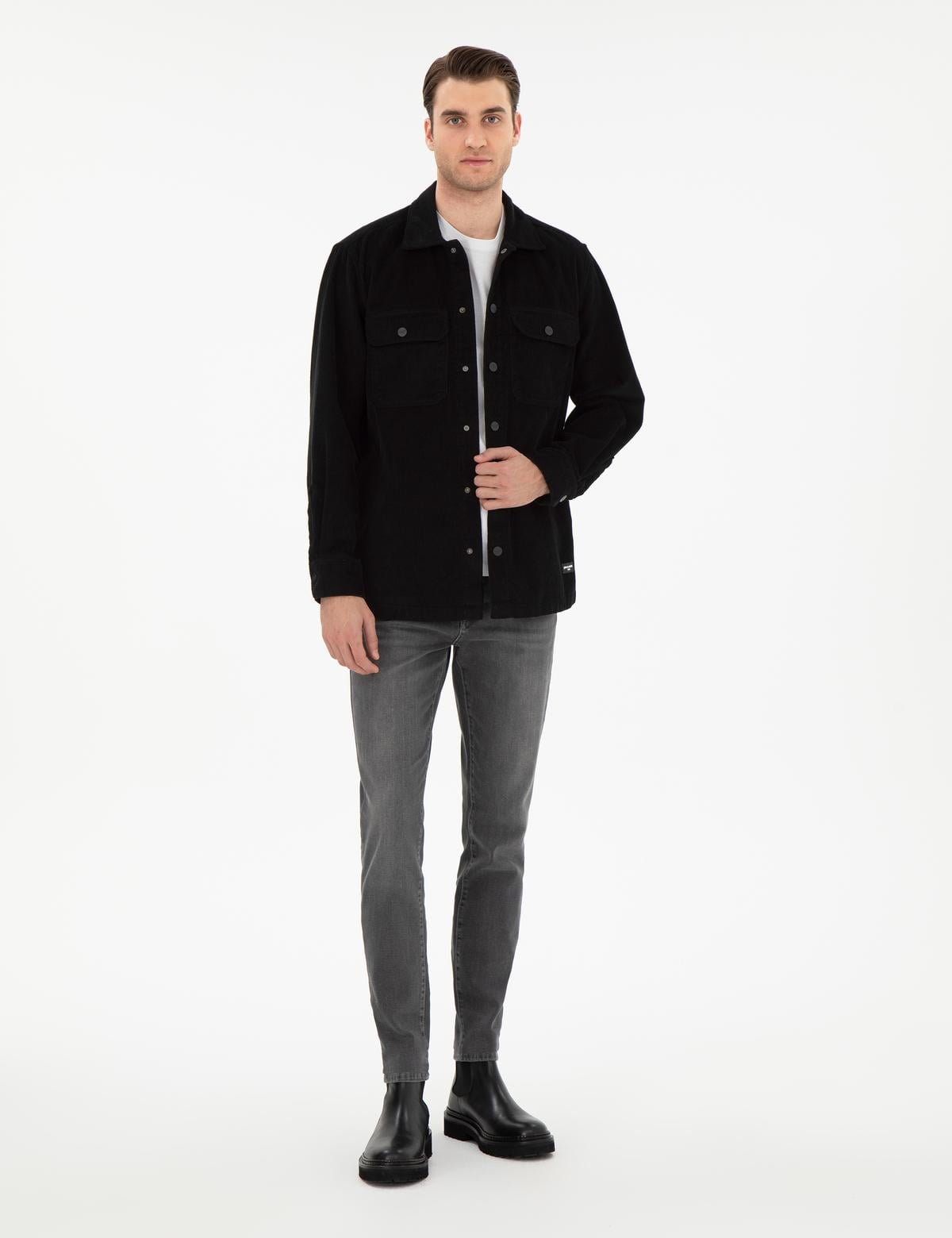 Siyah Klasik Yaka Çift Cepli Oversize Gömlek Ceket - 50293183005