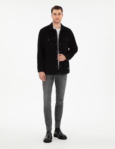 Siyah Klasik Yaka Çift Cepli Oversize Gömlek Ceket - 50293183005