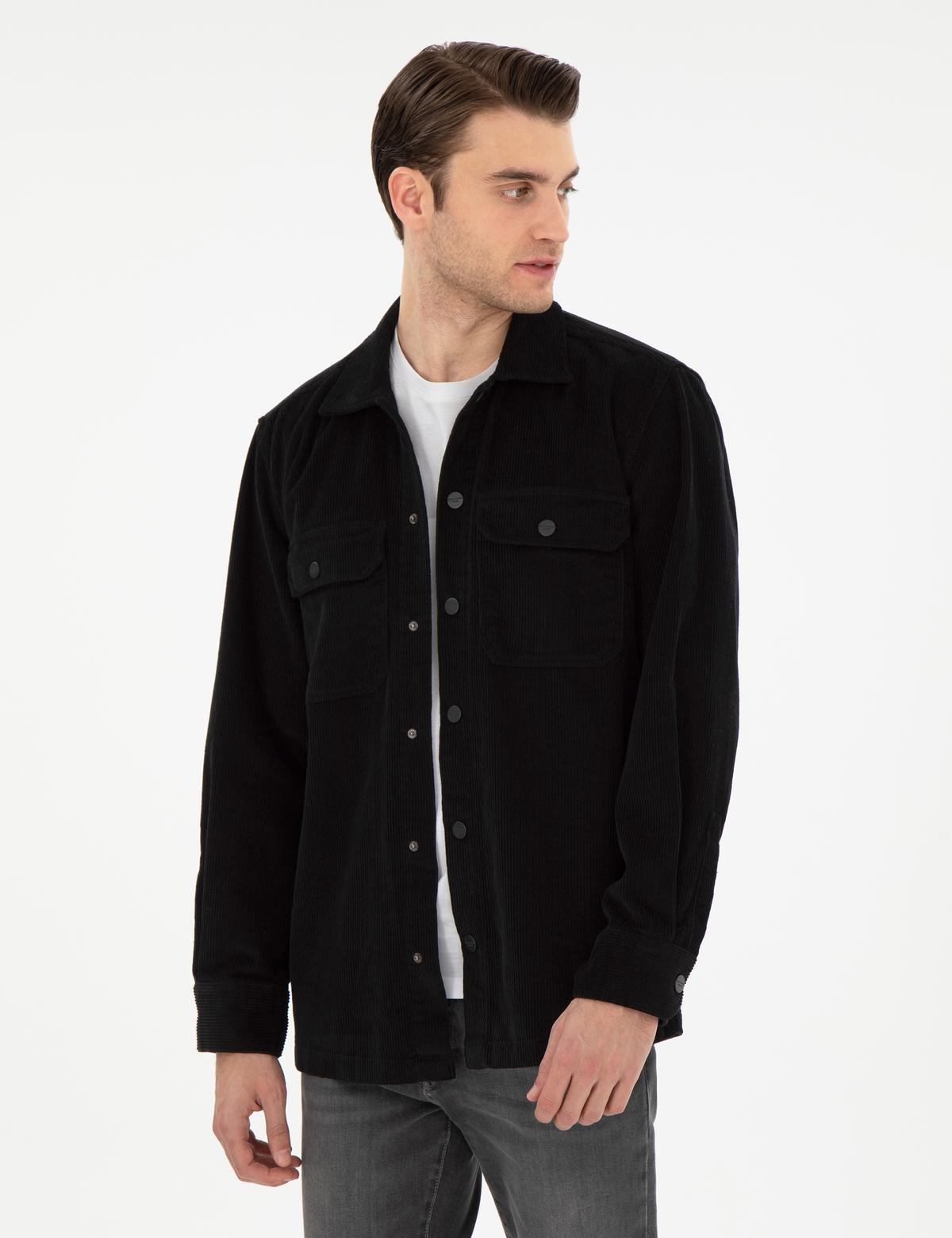 Siyah Klasik Yaka Çift Cepli Oversize Gömlek Ceket