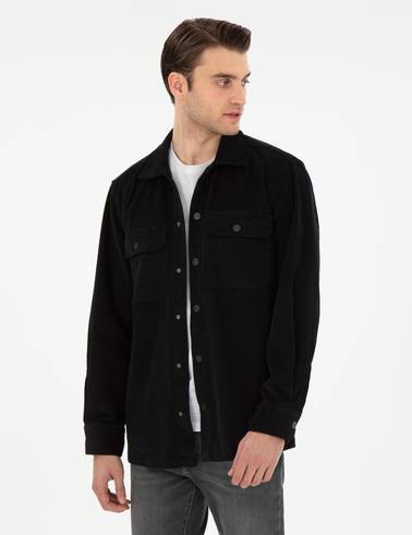 Siyah Klasik Yaka Çift Cepli Oversize Gömlek Ceket