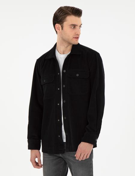 Siyah Klasik Yaka Çift Cepli Oversize Gömlek Ceket - 50293183005