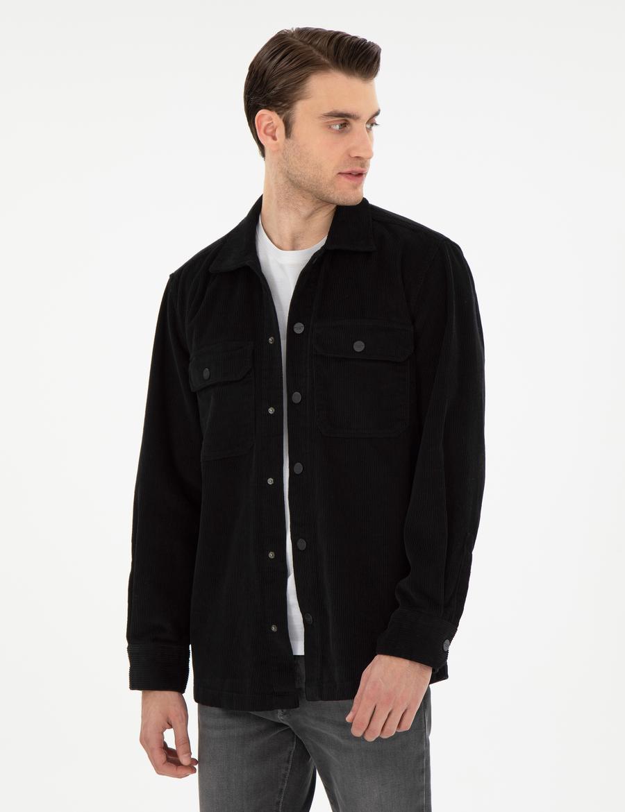 Siyah Klasik Yaka Çift Cepli Oversize Gömlek Ceket