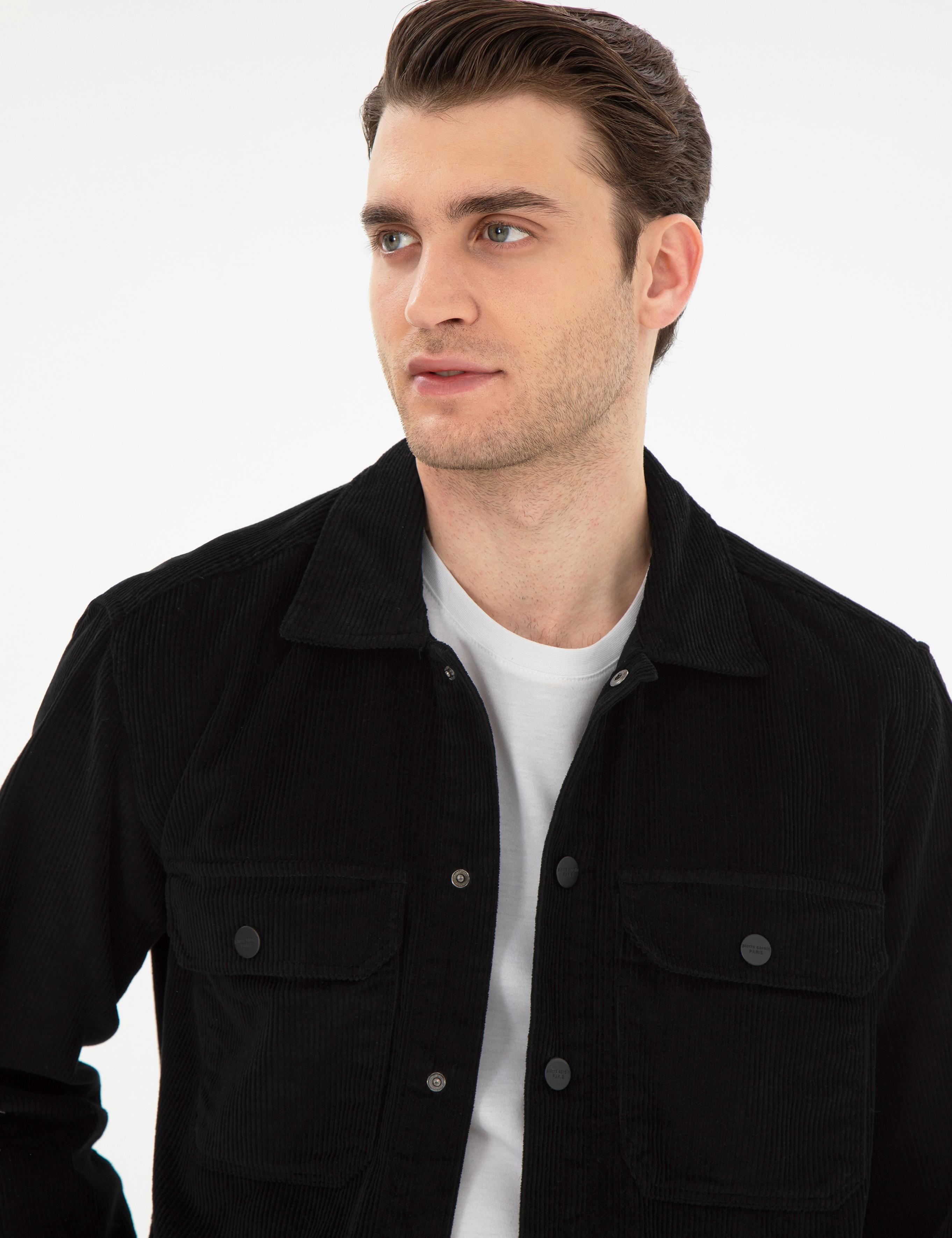 Siyah Klasik Yaka Çift Cepli Oversize Gömlek Ceket