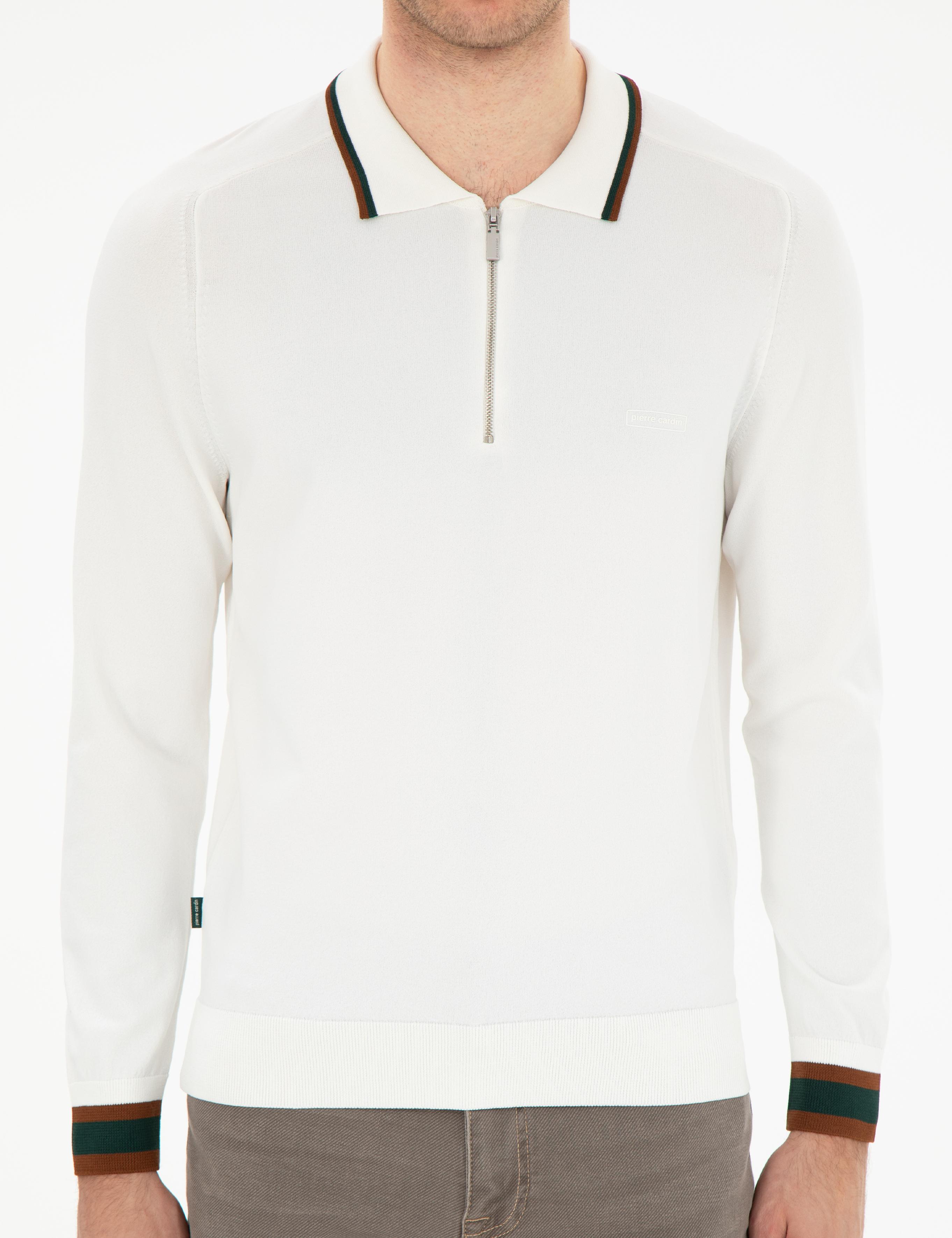 Ekru Slim Fit Fermuarlı Polo Yaka Yün Karışımlı Triko Kazak