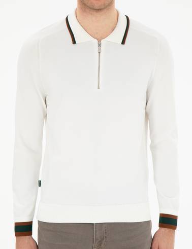 Ekru Slim Fit Fermuarlı Polo Yaka Yün Karışımlı Triko Kazak