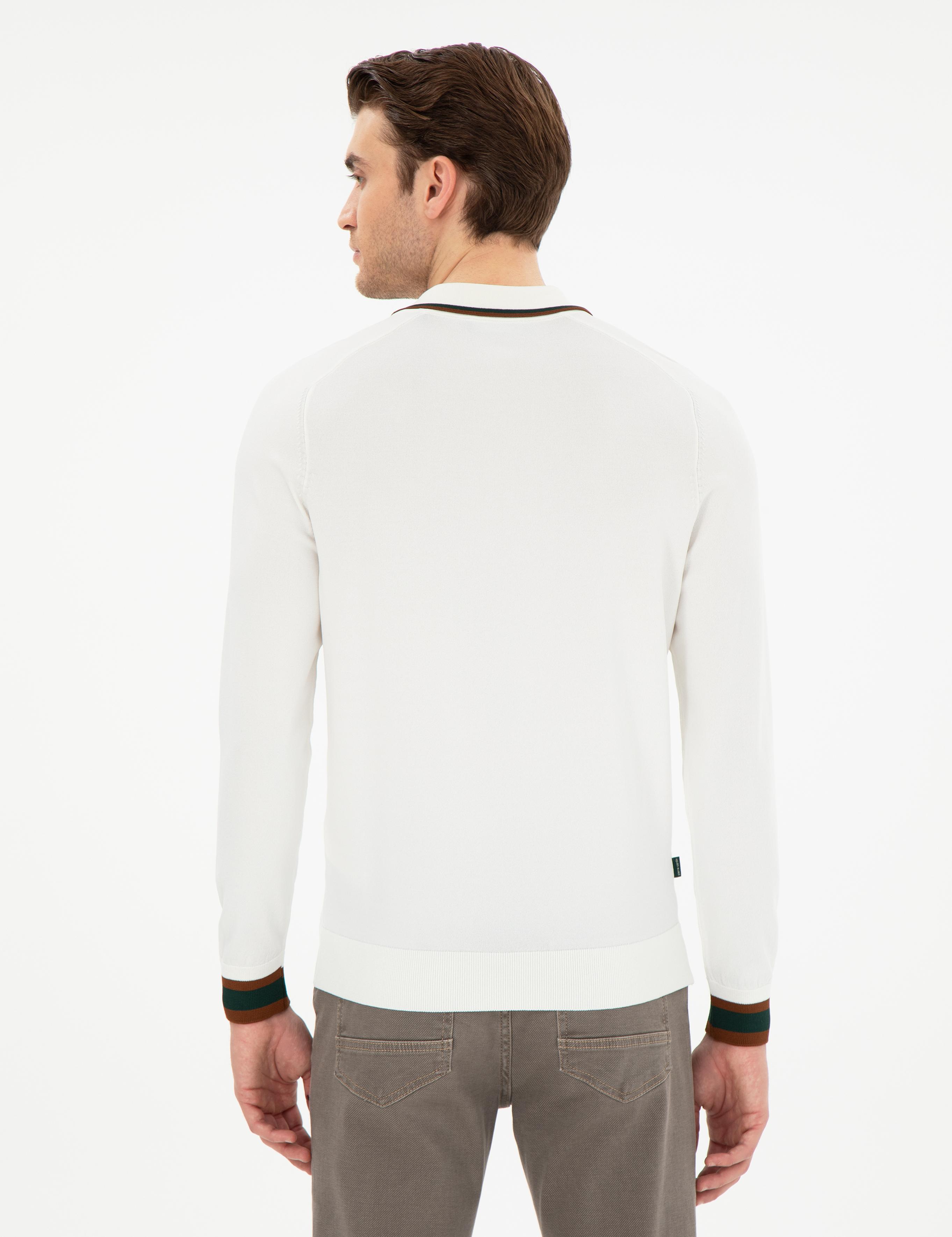 Ekru Slim Fit Fermuarlı Polo Yaka Yün Karışımlı Triko Kazak