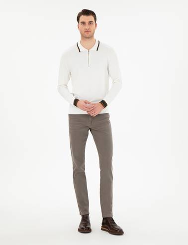 Ekru Slim Fit Fermuarlı Polo Yaka Yün Karışımlı Triko Kazak