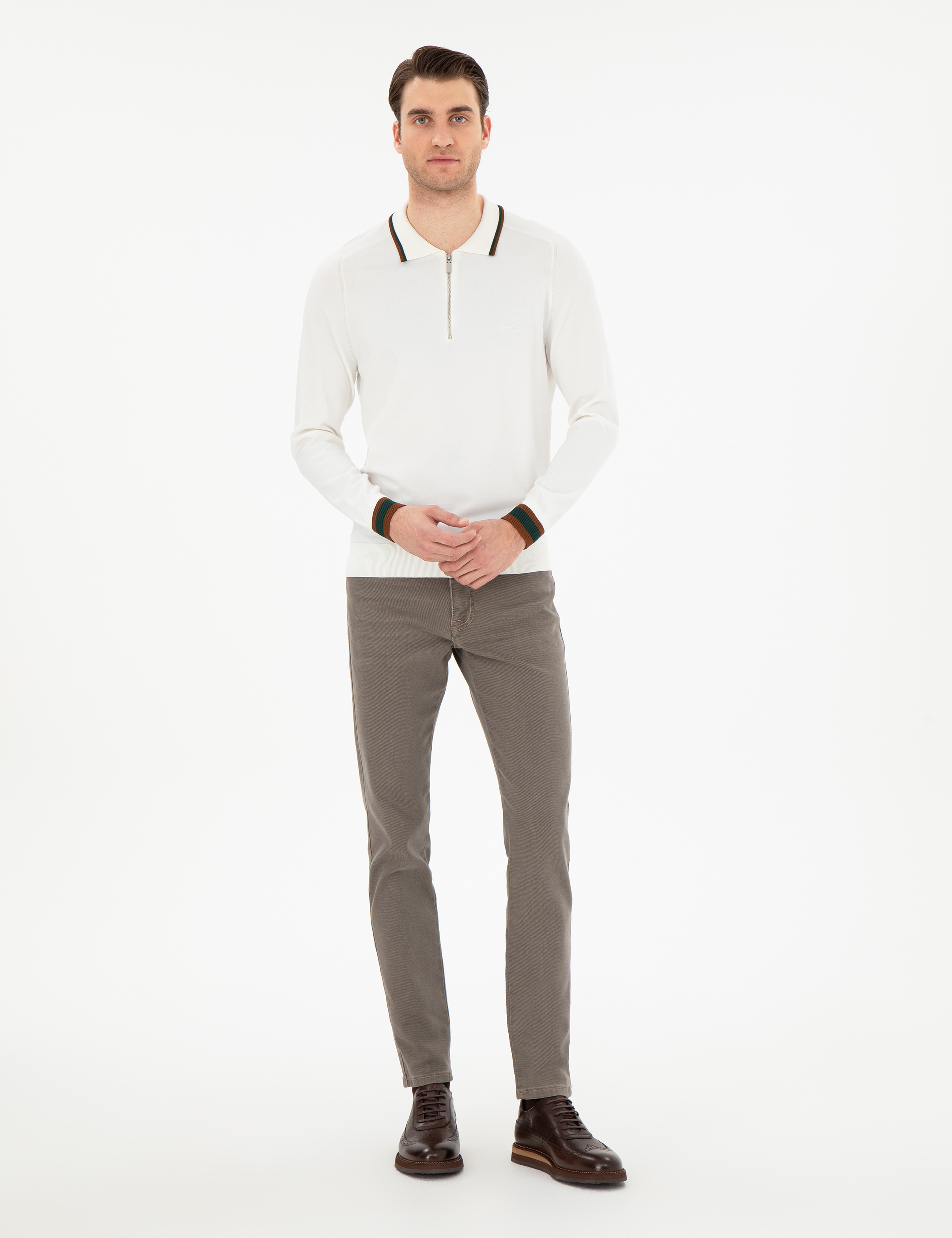 Ekru Slim Fit Fermuarlı Polo Yaka Yün Karışımlı Triko Kazak - Image 4