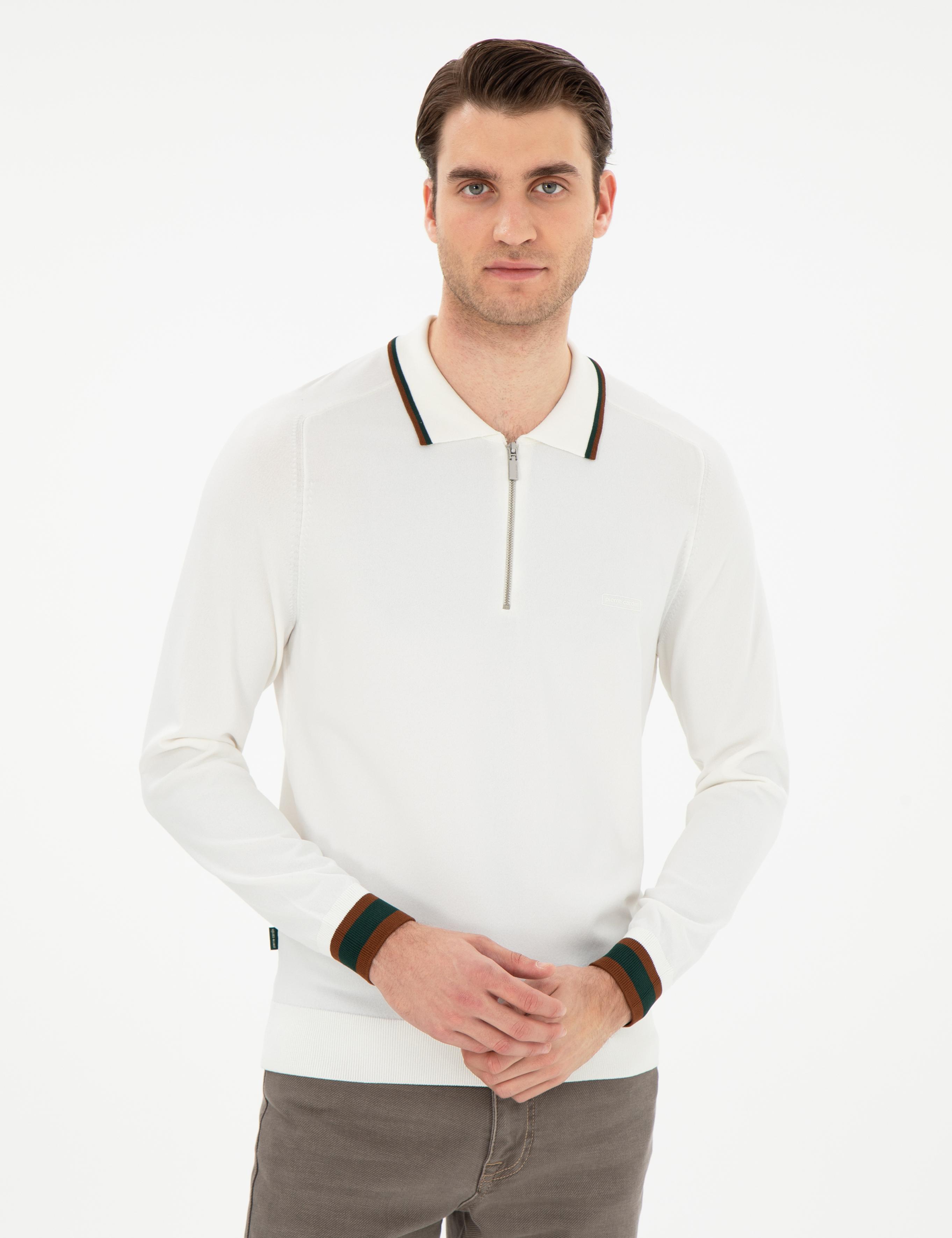 Ekru Slim Fit Fermuarlı Polo Yaka Yün Karışımlı Triko Kazak