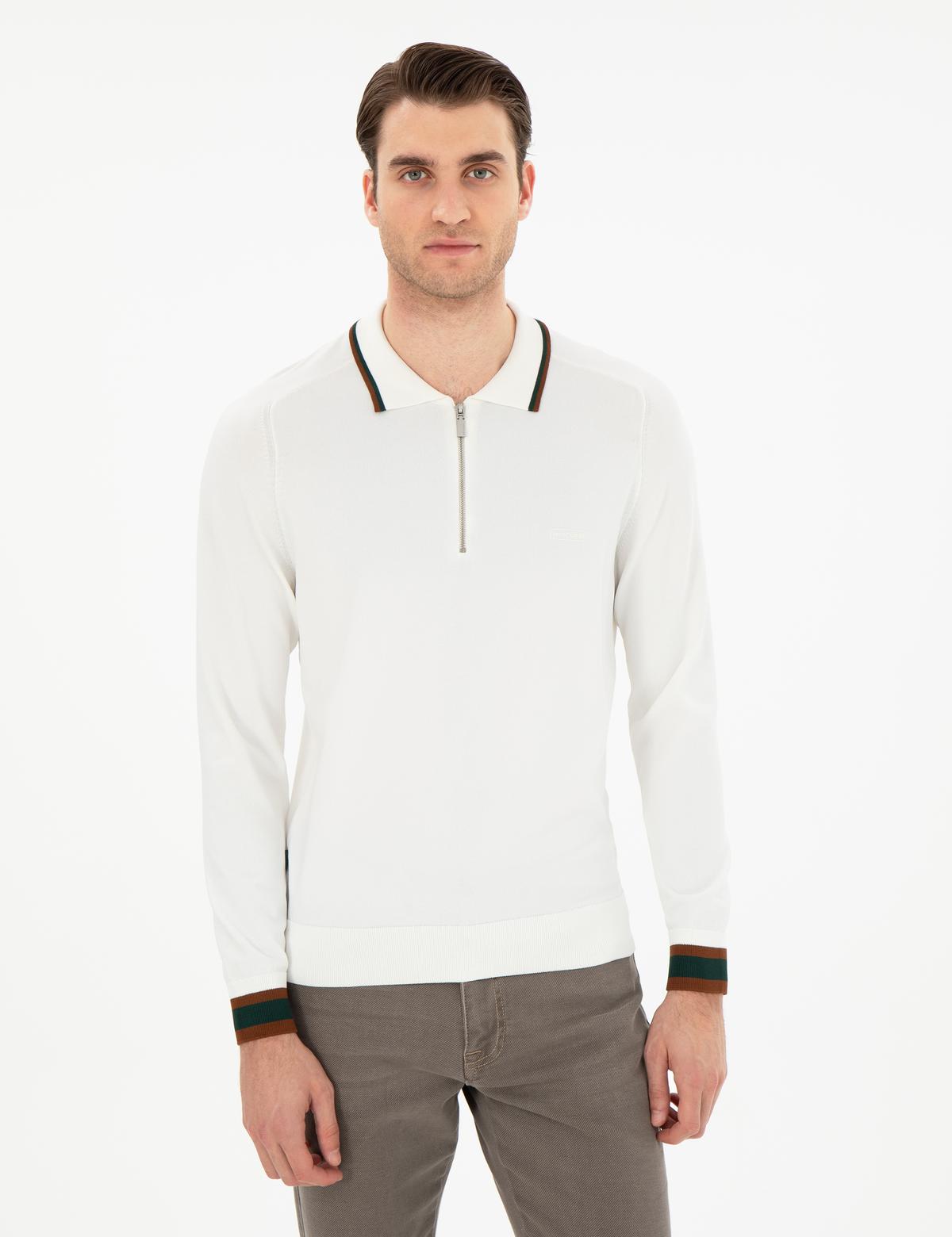 Ekru Slim Fit Fermuarlı Polo Yaka Yün Karışımlı Triko Kazak